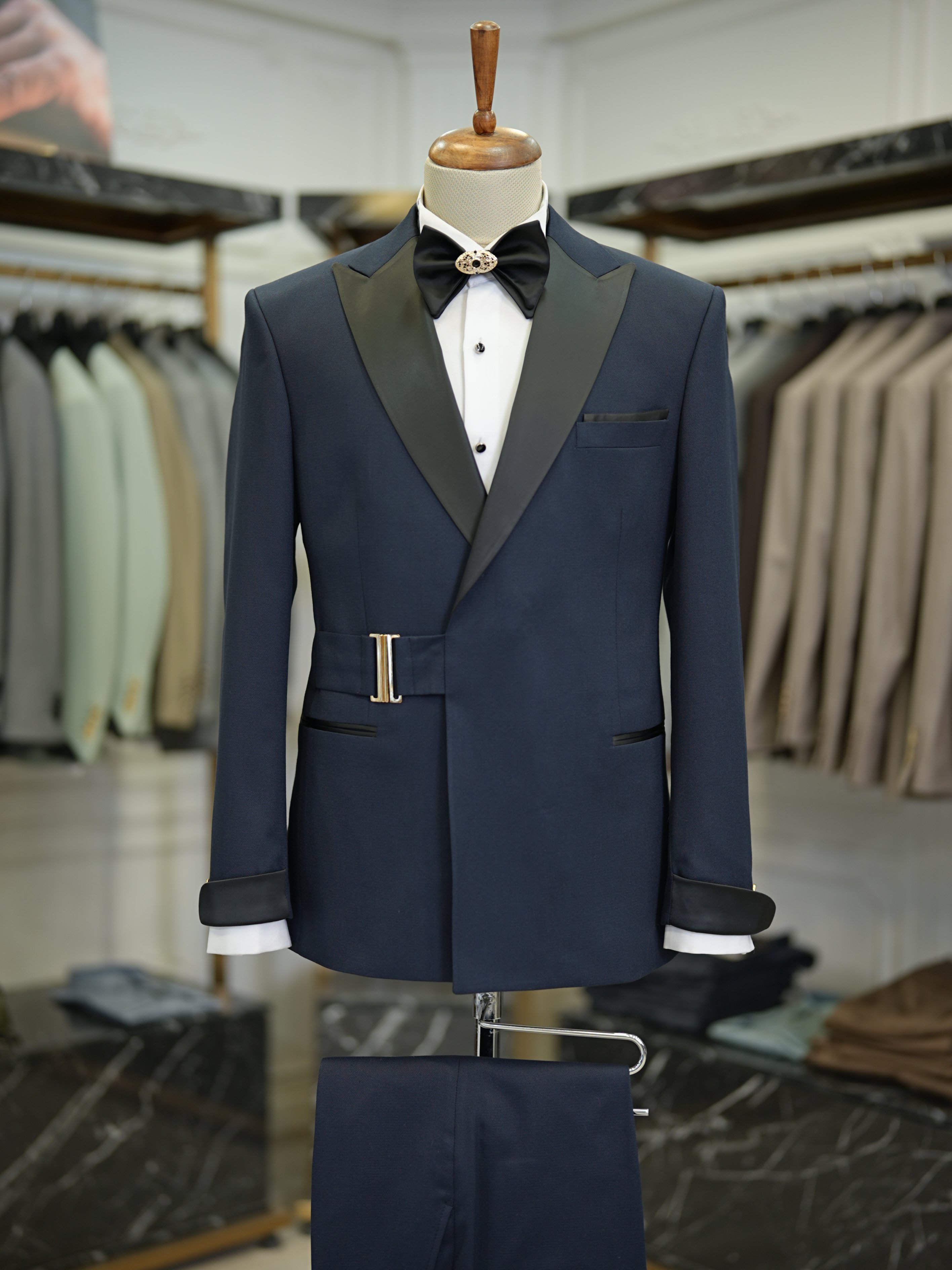 Abito da sposo smoking doppio petto da uomo collo a rondine stile italiano pantaloni da giacca slim fit papillon - blu navy
