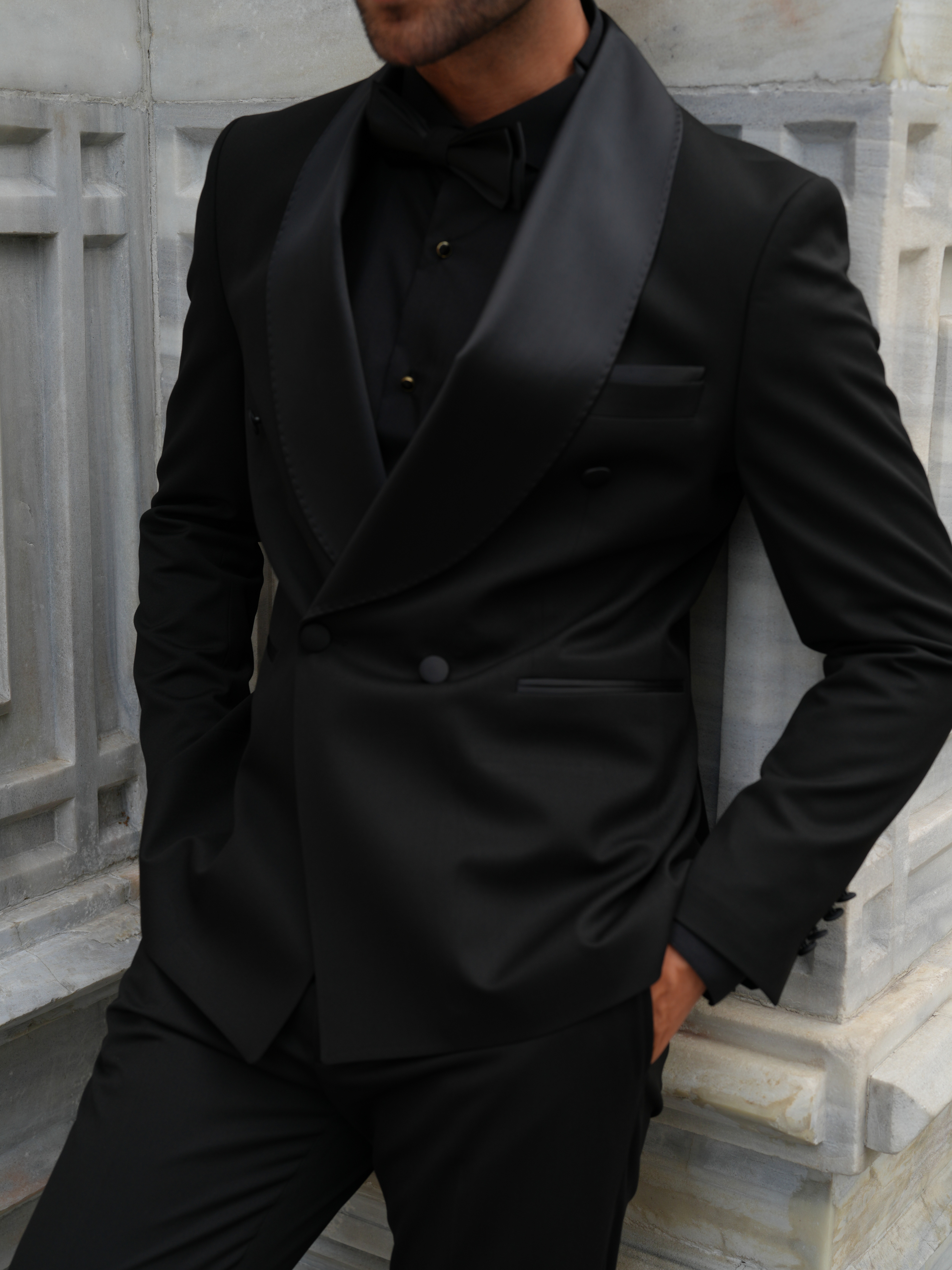 Erkek Kruvaze Smokin Damatlık Manşet Kollu Şall Yaka İtalyan Stil Slim Fit Ceket Pantolon Papyon-Siyah