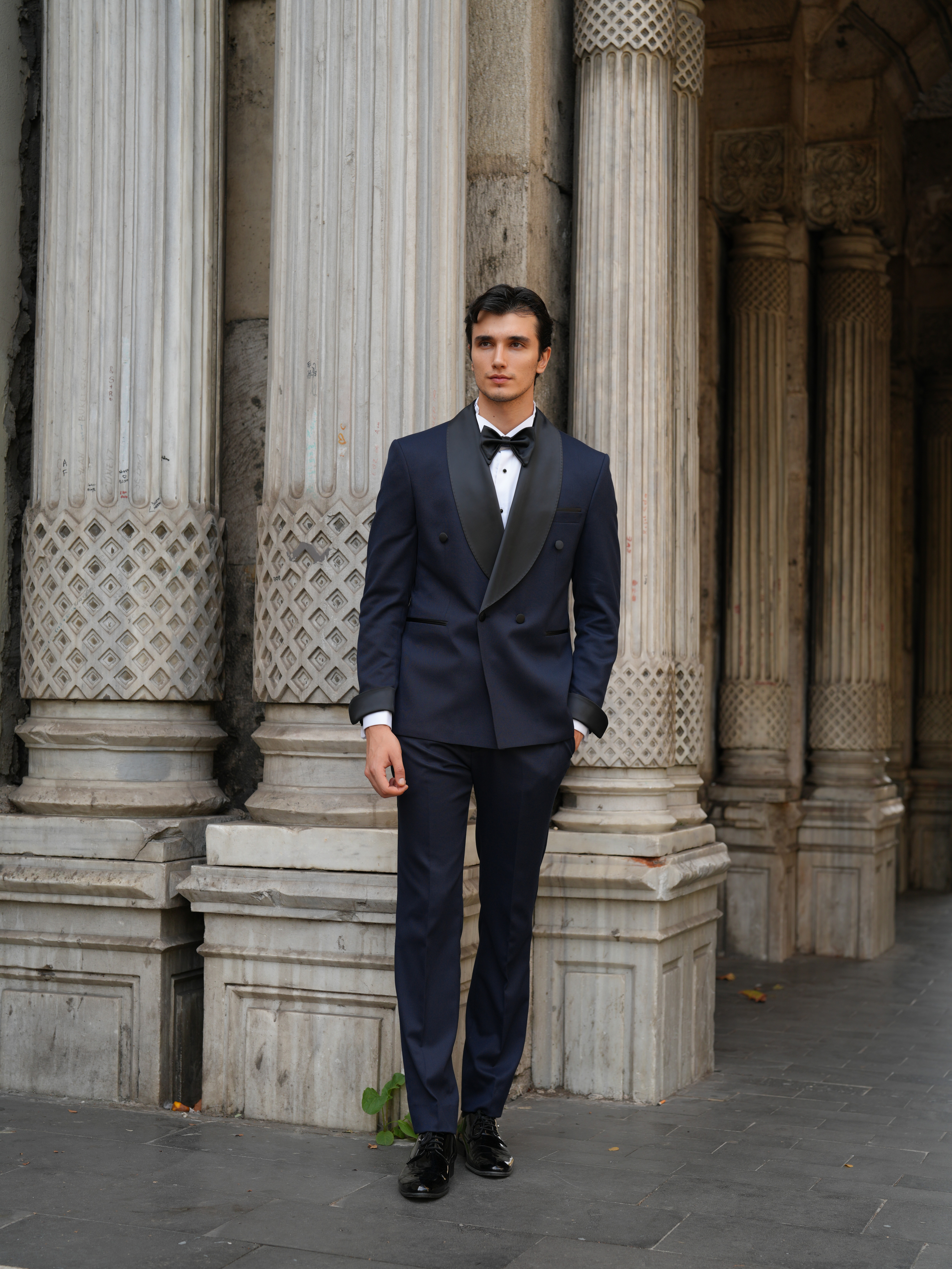 Erkek Kruvaze Smokin Damatlık Manşet Kollu Şall Yaka İtalyan Stil Slim Fit Ceket Pantolon Papyon-Lacivert