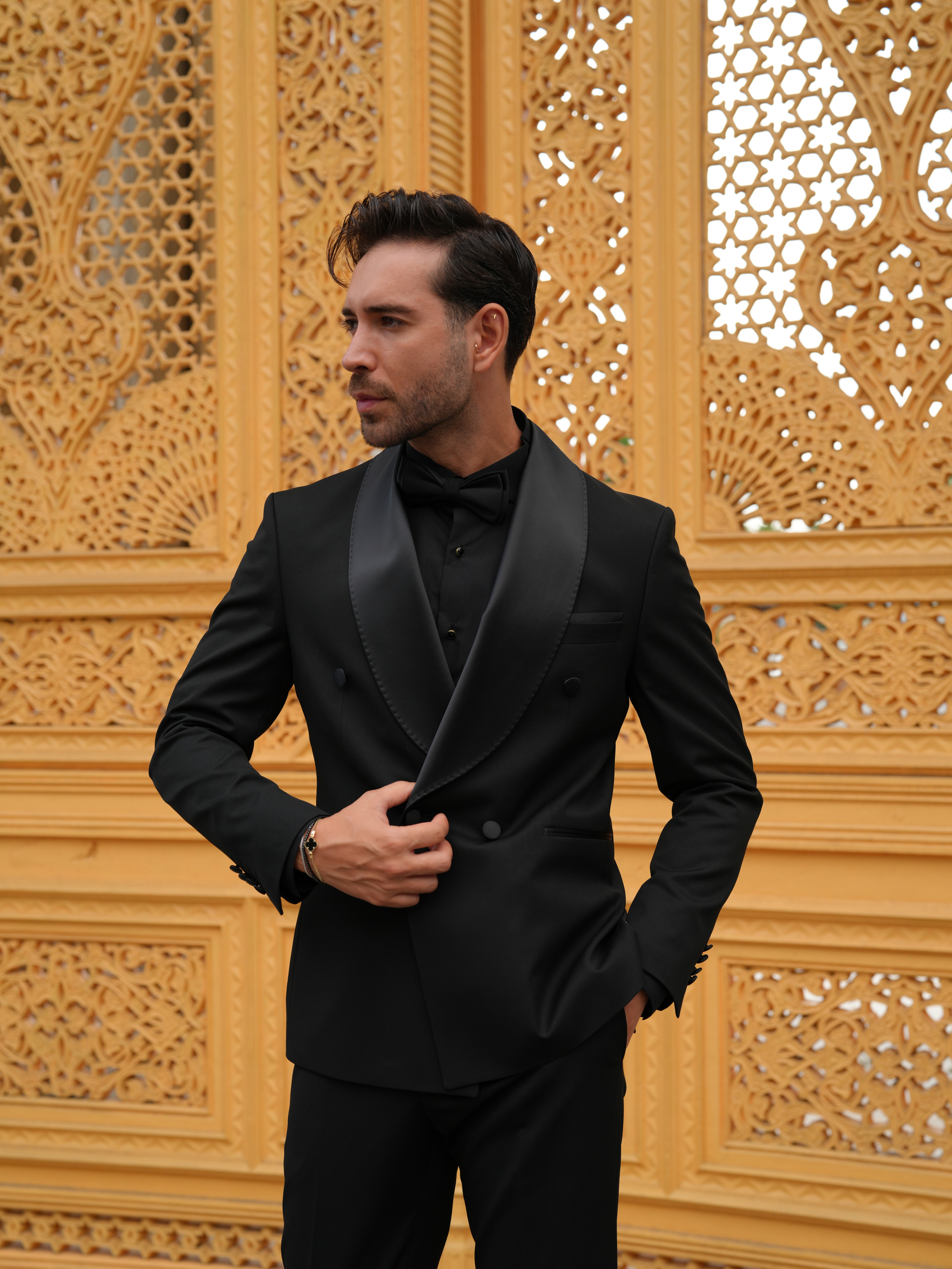 Erkek Kruvaze Smokin Damatlık Manşet Kollu Şall Yaka İtalyan Stil Slim Fit Ceket Pantolon Papyon-Siyah