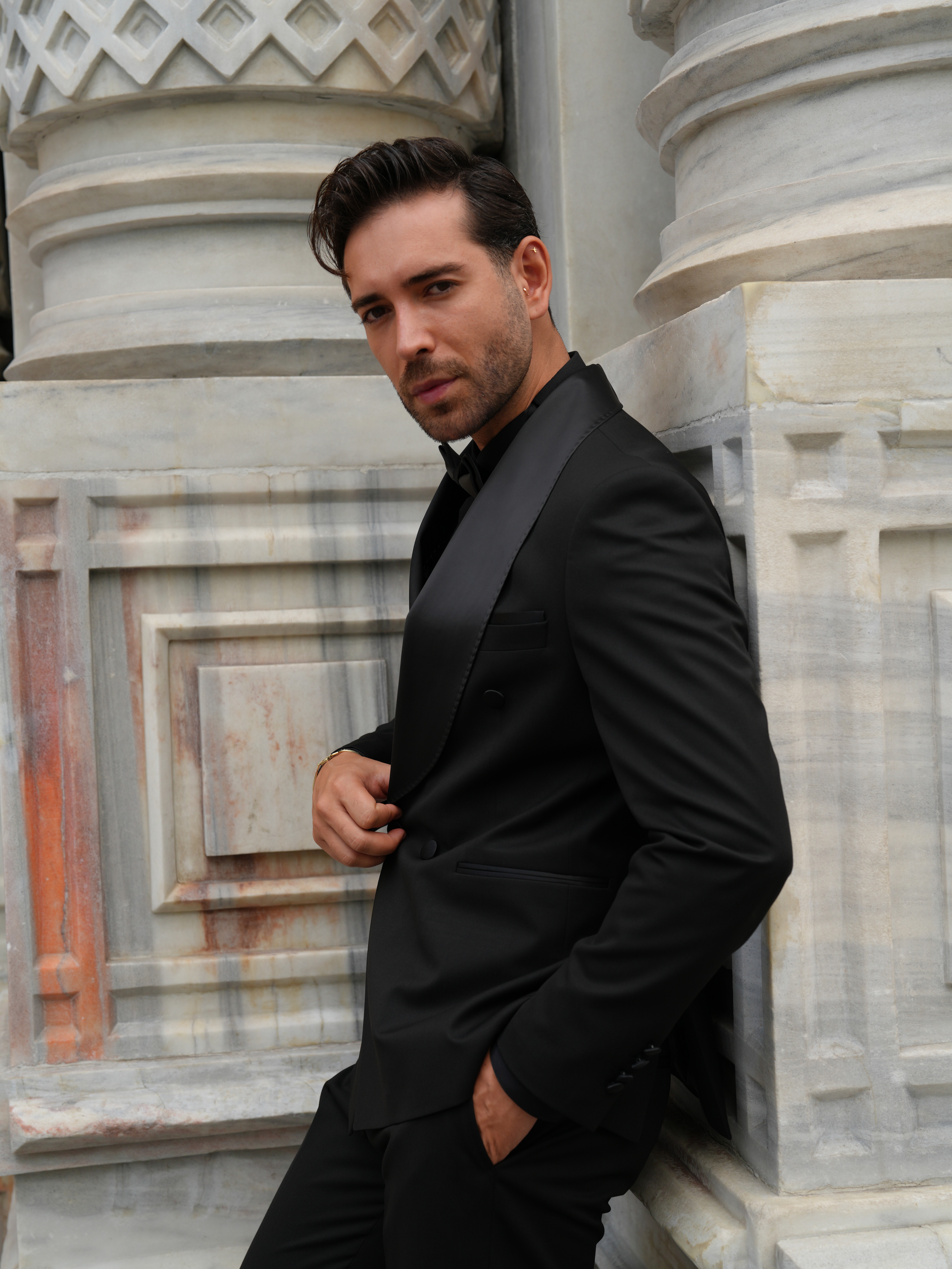 Erkek Kruvaze Smokin Damatlık Manşet Kollu Şall Yaka İtalyan Stil Slim Fit Ceket Pantolon Papyon-Siyah