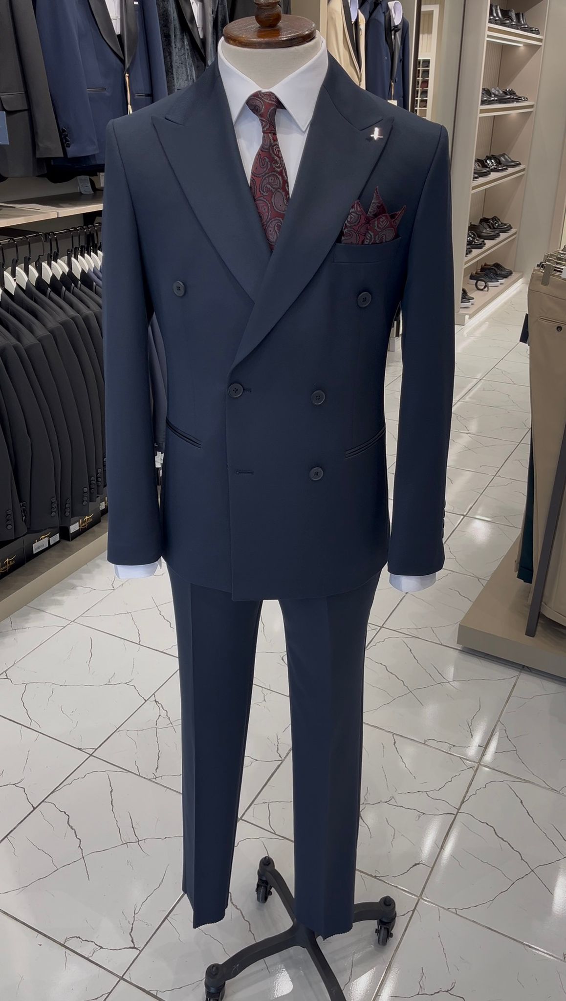 Erkek Kruvaze Takım Elbise İtalyan Stil Slim Fit Ceket Pantolon - Lacivert