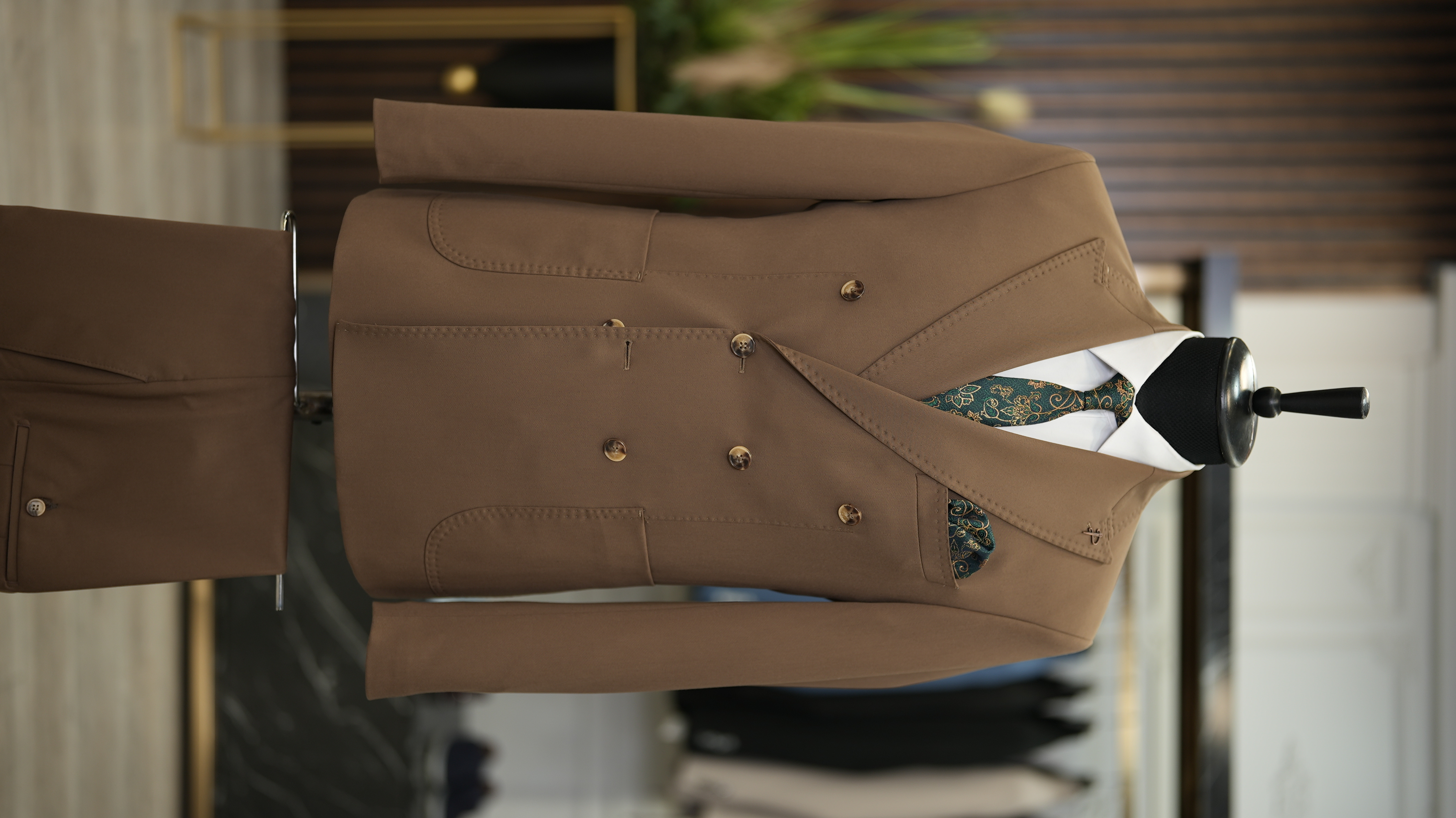 Abito doppiopetto da uomo stile italiano slim fit tuta tasca giacca pantaloni - marrone latte