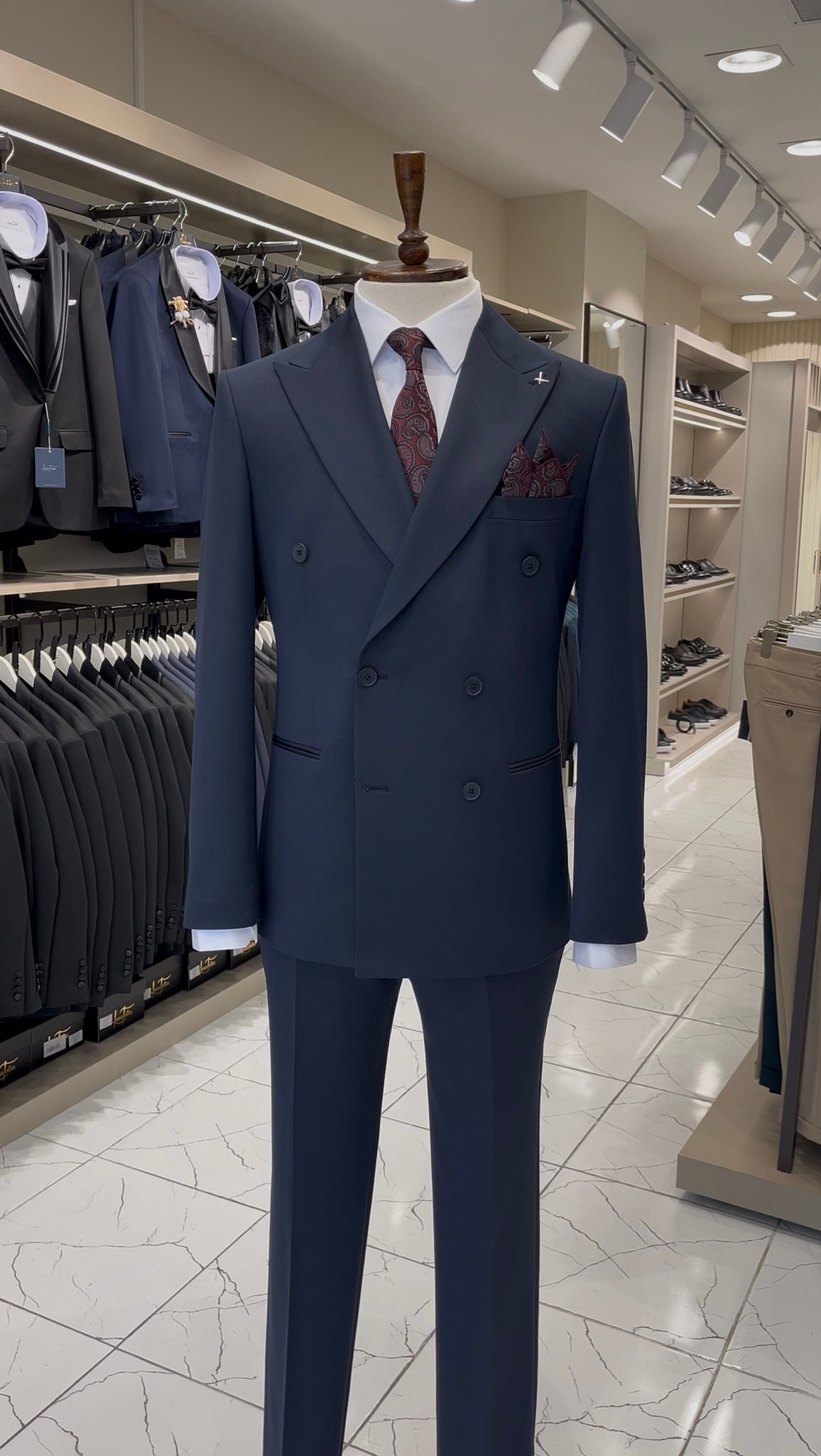 Erkek Kruvaze Takım Elbise İtalyan Stil Slim Fit Ceket Pantolon - Lacivert