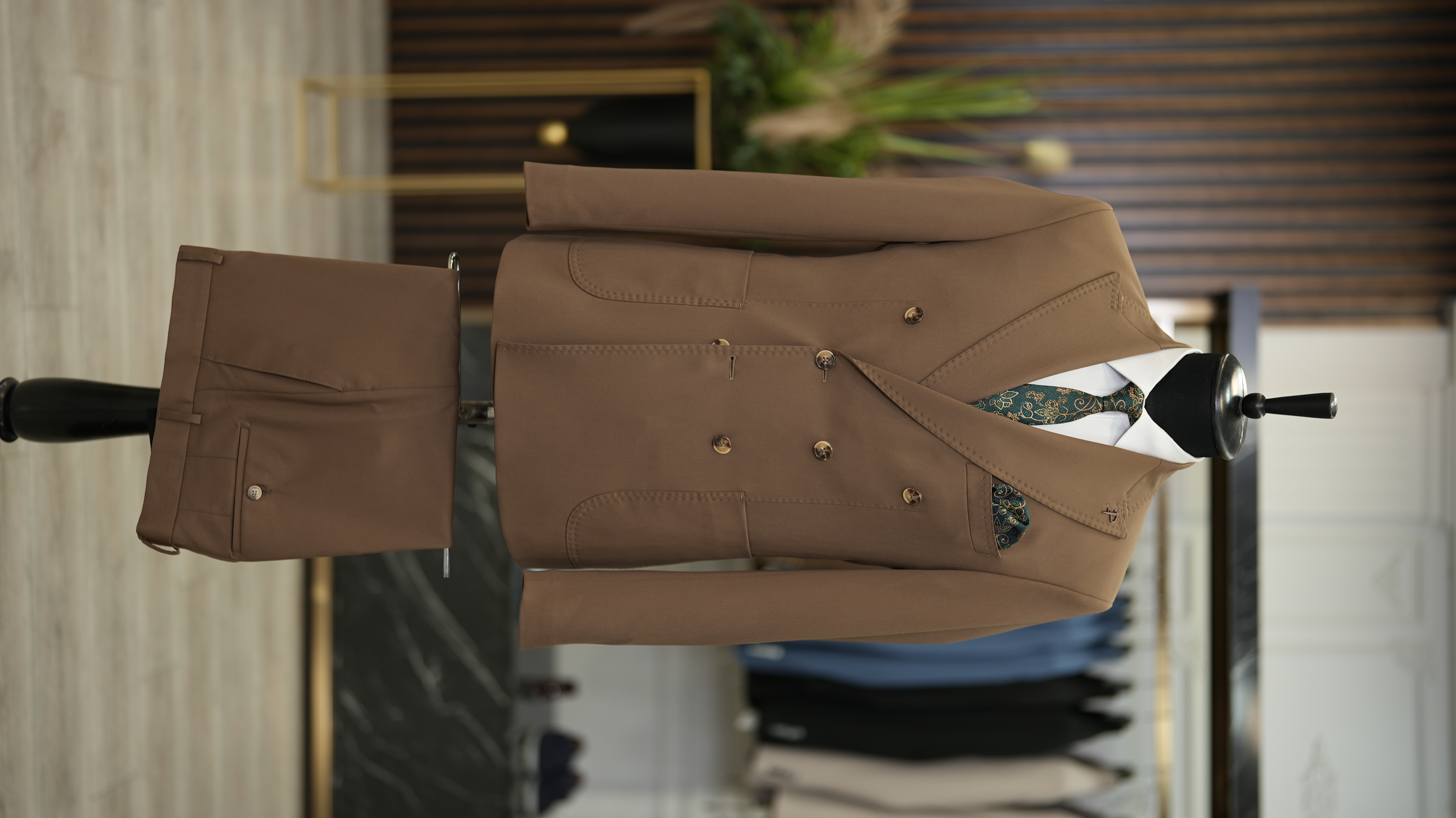 Abito doppiopetto da uomo stile italiano slim fit tuta tasca giacca pantaloni - marrone latte
