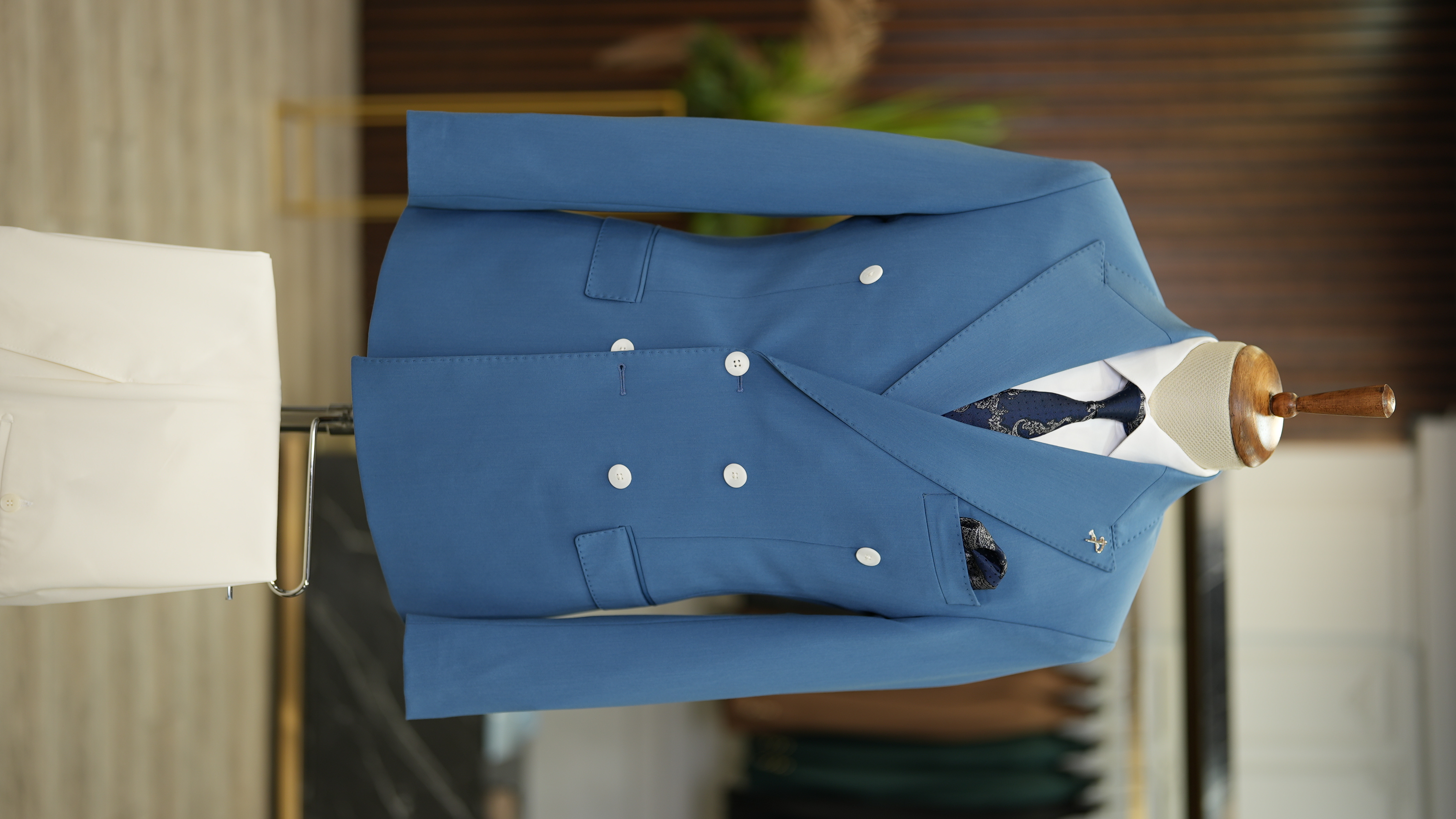 Erkek Kruvaze Takım Elbise Slim fit İtalyan Stil Ceket Pantolon - Mavi