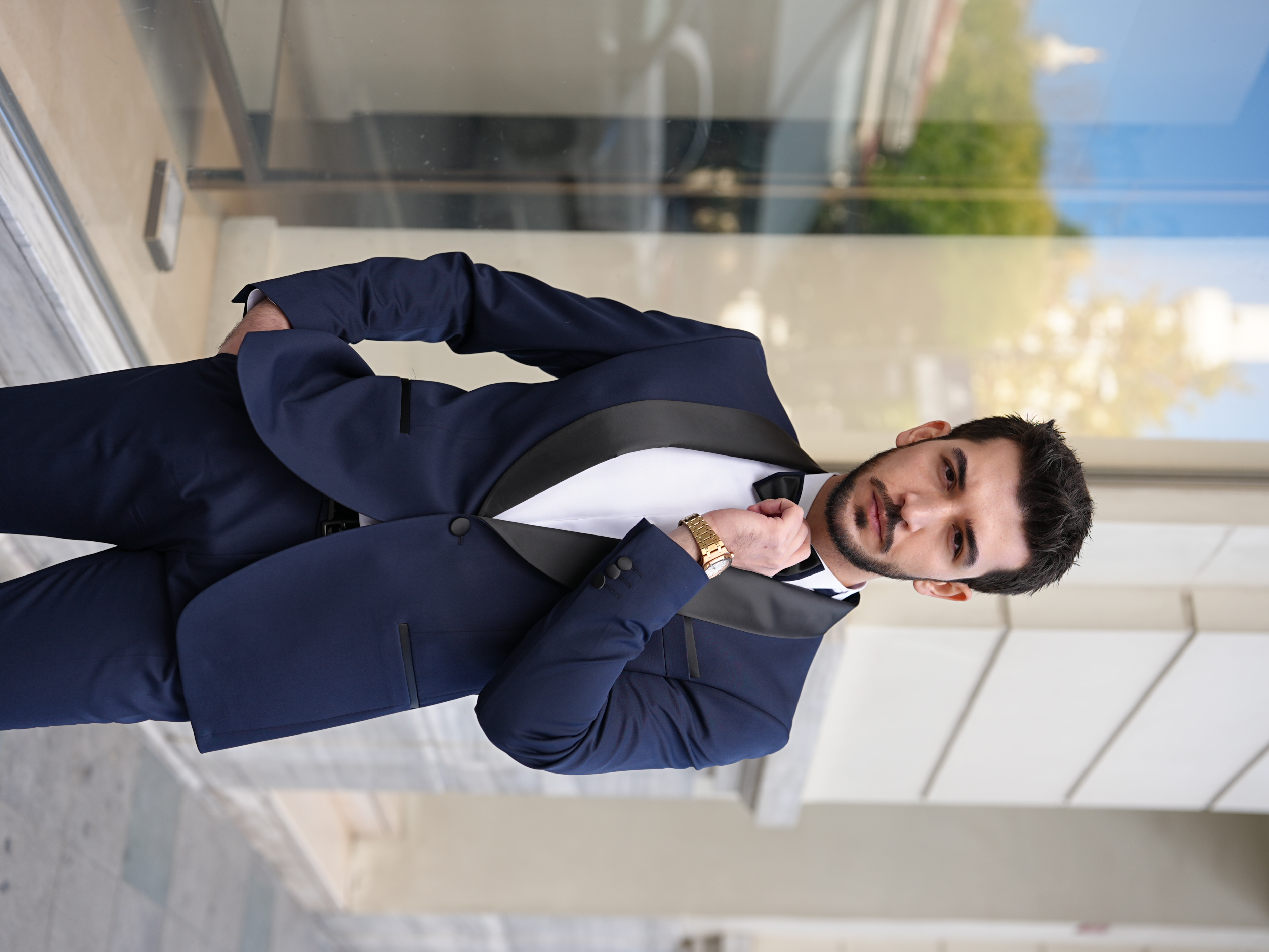 Abito da sposo smoking di lusso da uomo con collo a scialle, giacca stile italiano, pantaloni, papillon - Blu navy