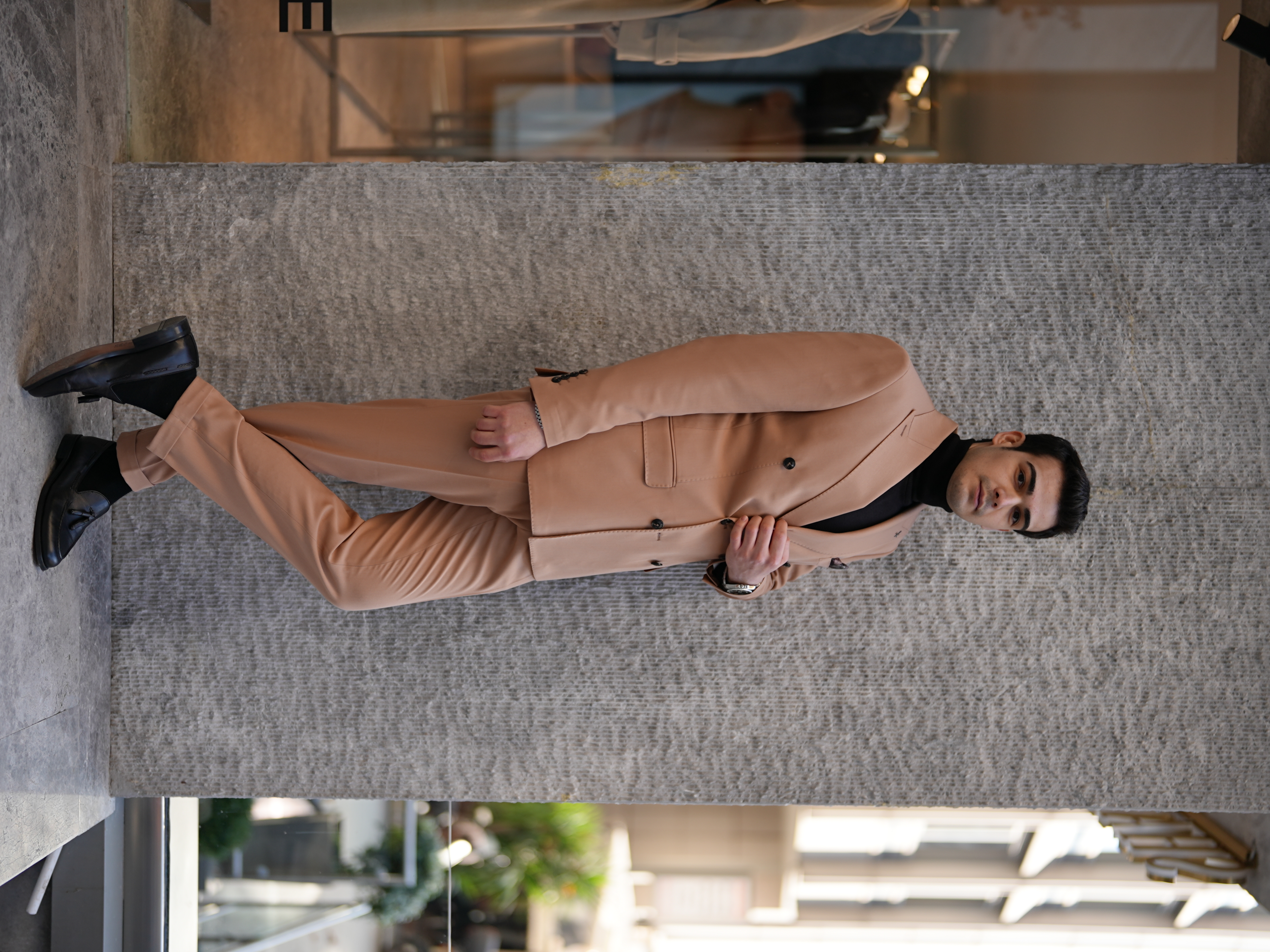 Erkek Premium İtalyan Stil Punto dikişli Kapak Cepli Kruvaze Takım Elbise - Krem