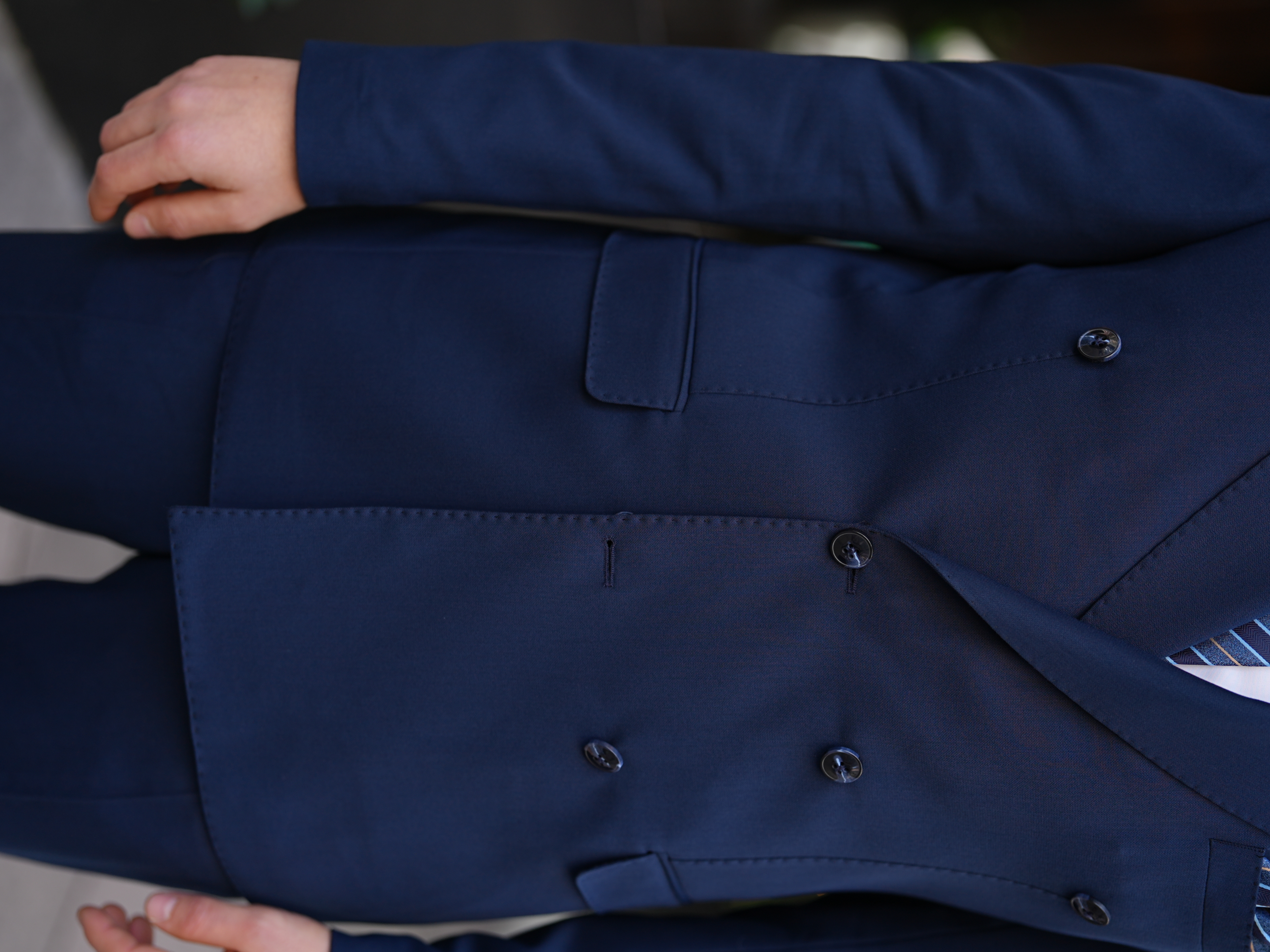 Erkek Premium İtalyan Stil Punto dikişli Kapak Cepli Kruvaze Takım Elbise - Lacivert