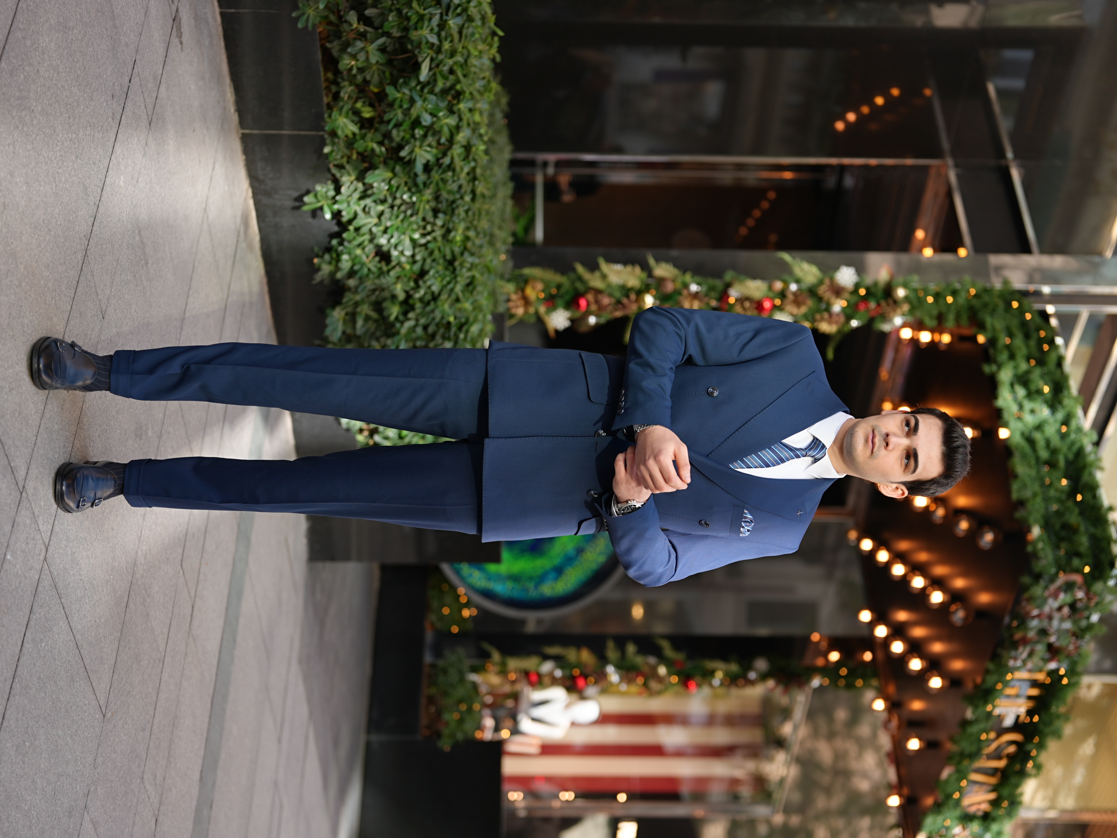 Erkek Premium İtalyan Stil Punto dikişli Kapak Cepli Kruvaze Takım Elbise - Lacivert