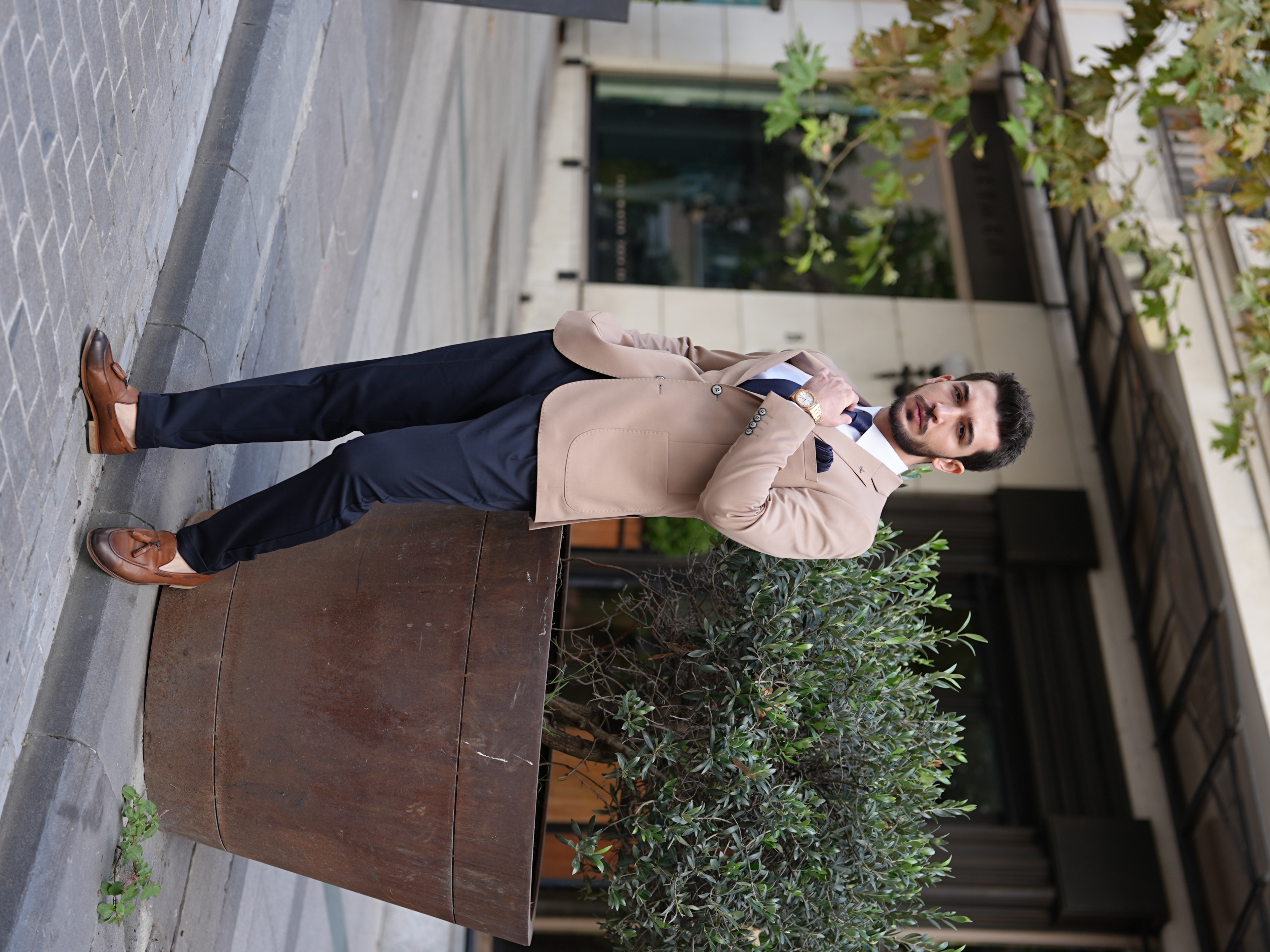 Erkek Premium İtalyan Stil Slim Fit Erkek Punto Dikişli Torba Cepli Yarım Astarlı Ceket - Taba