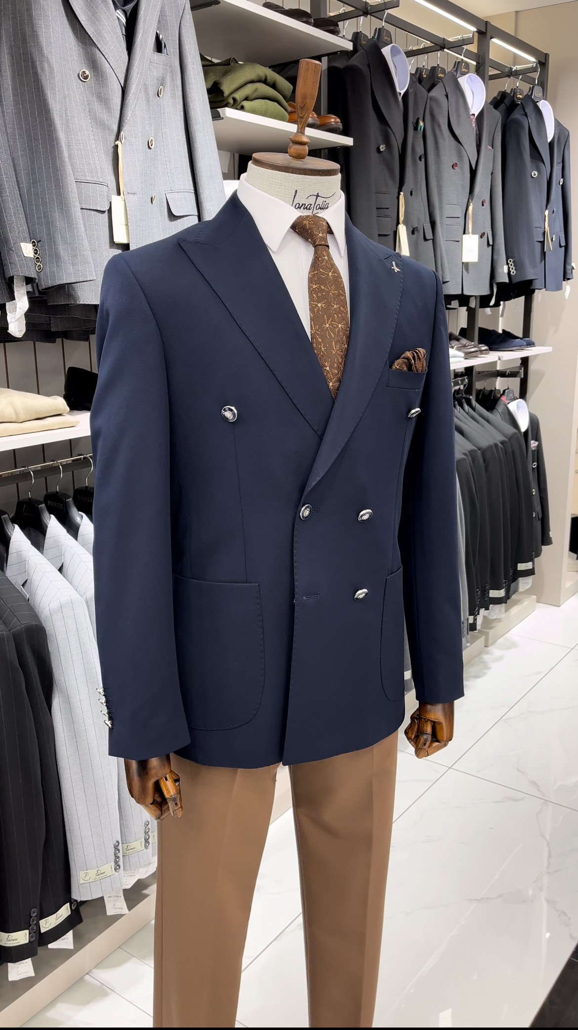 Erkek Premium İtalyan Stil Slim Fit Erkek Punto Dikişli Torba Cepli Yarım Astarlı Kruvaze Ceket - Lacivert