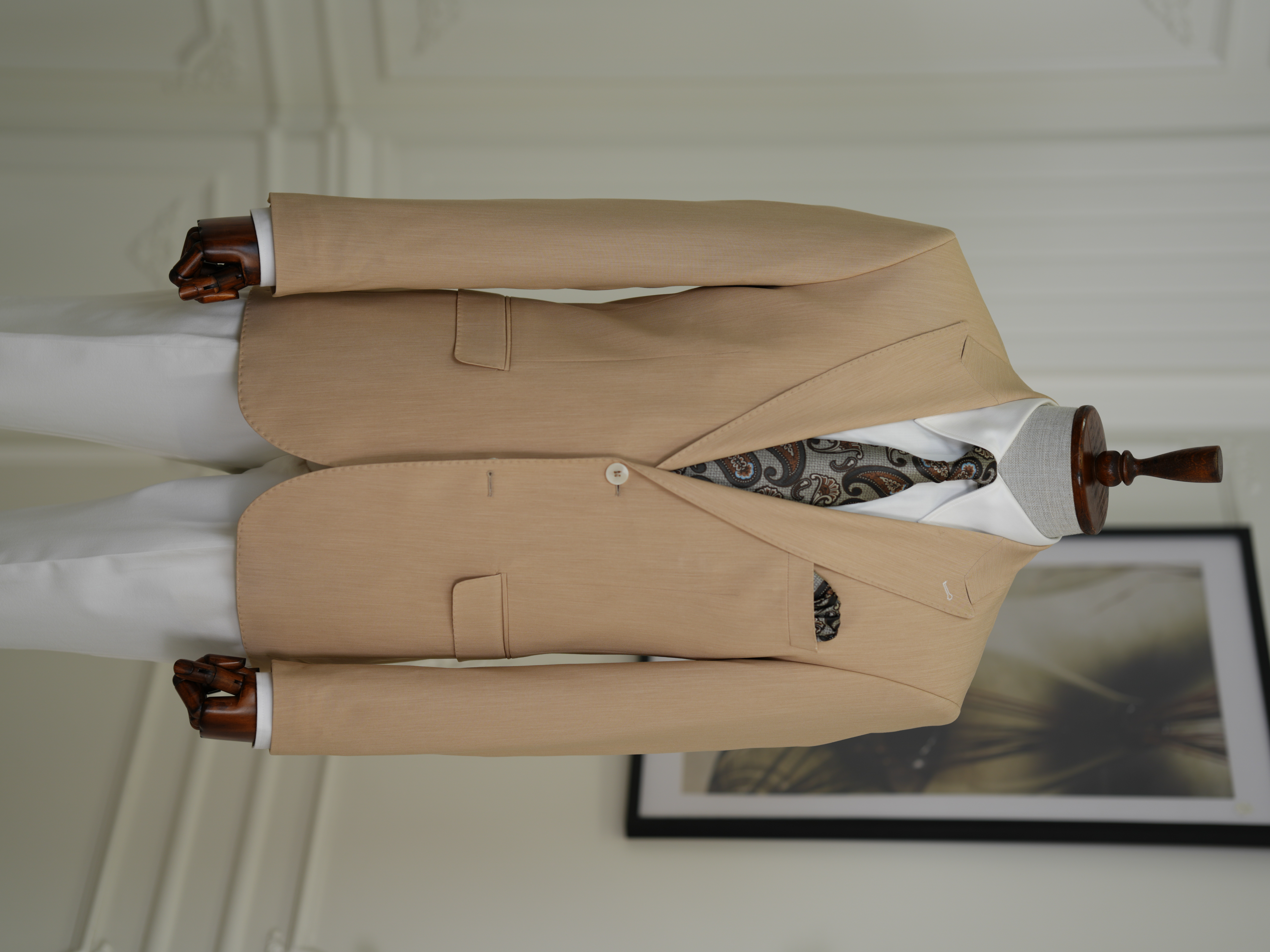 Erkek Premium İtalyan Stil Slim Fit Erkek Punto Dikişli Torba Cepli Yarım Astarlı Ceket - Krem