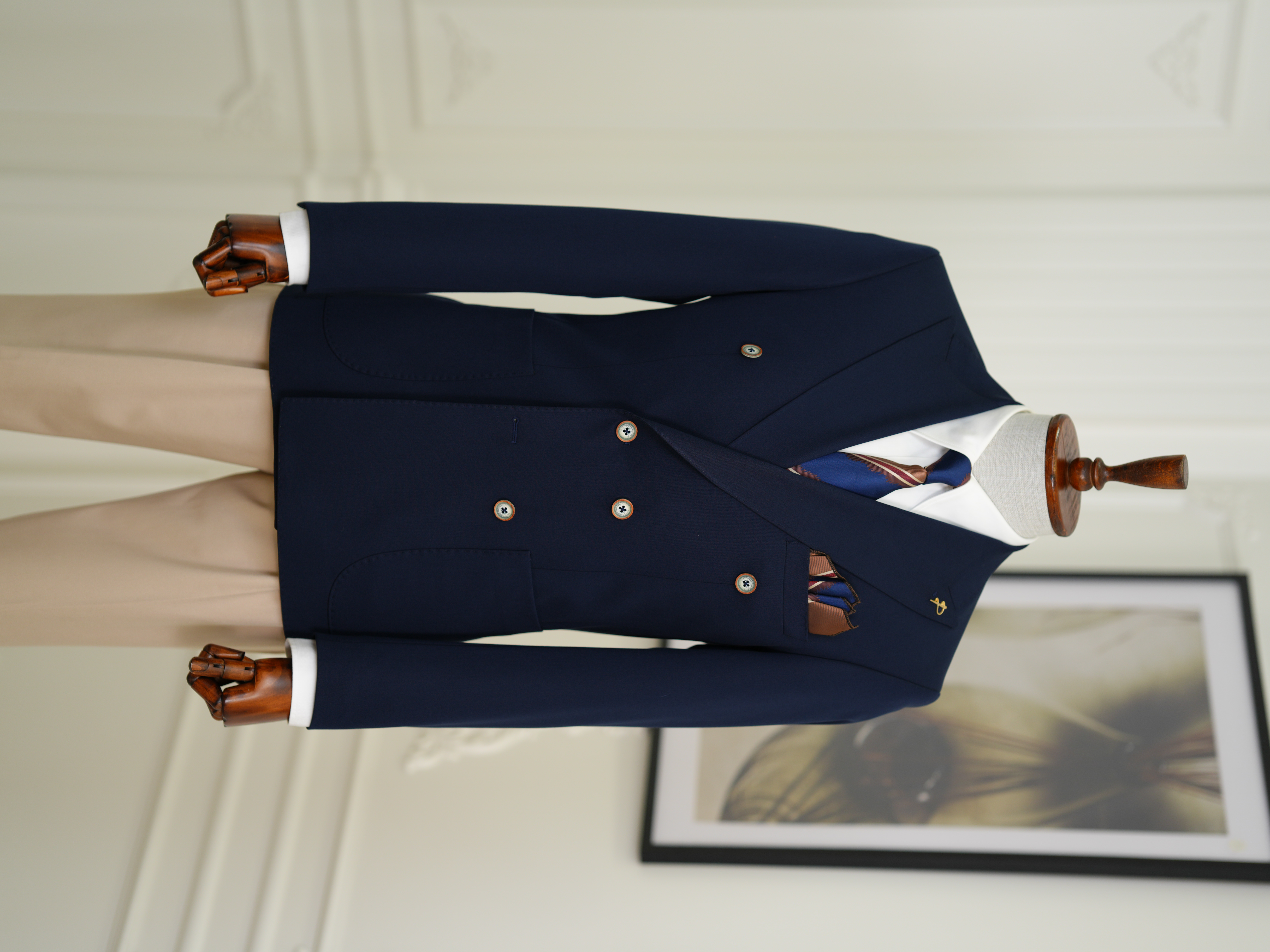 Erkek Premium İtalyan Stil Slim Fit Erkek Punto Dikişli Torba Cepli Yarım Astarlı Kruvaze Ceket-Lacivert