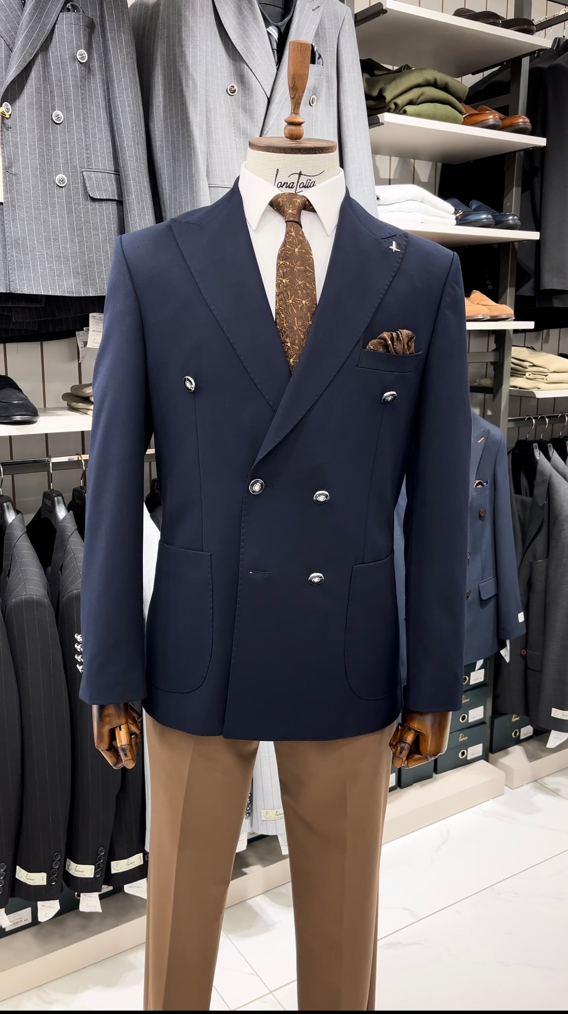 Erkek Premium İtalyan Stil Slim Fit Erkek Punto Dikişli Torba Cepli Yarım Astarlı Kruvaze Ceket - Lacivert