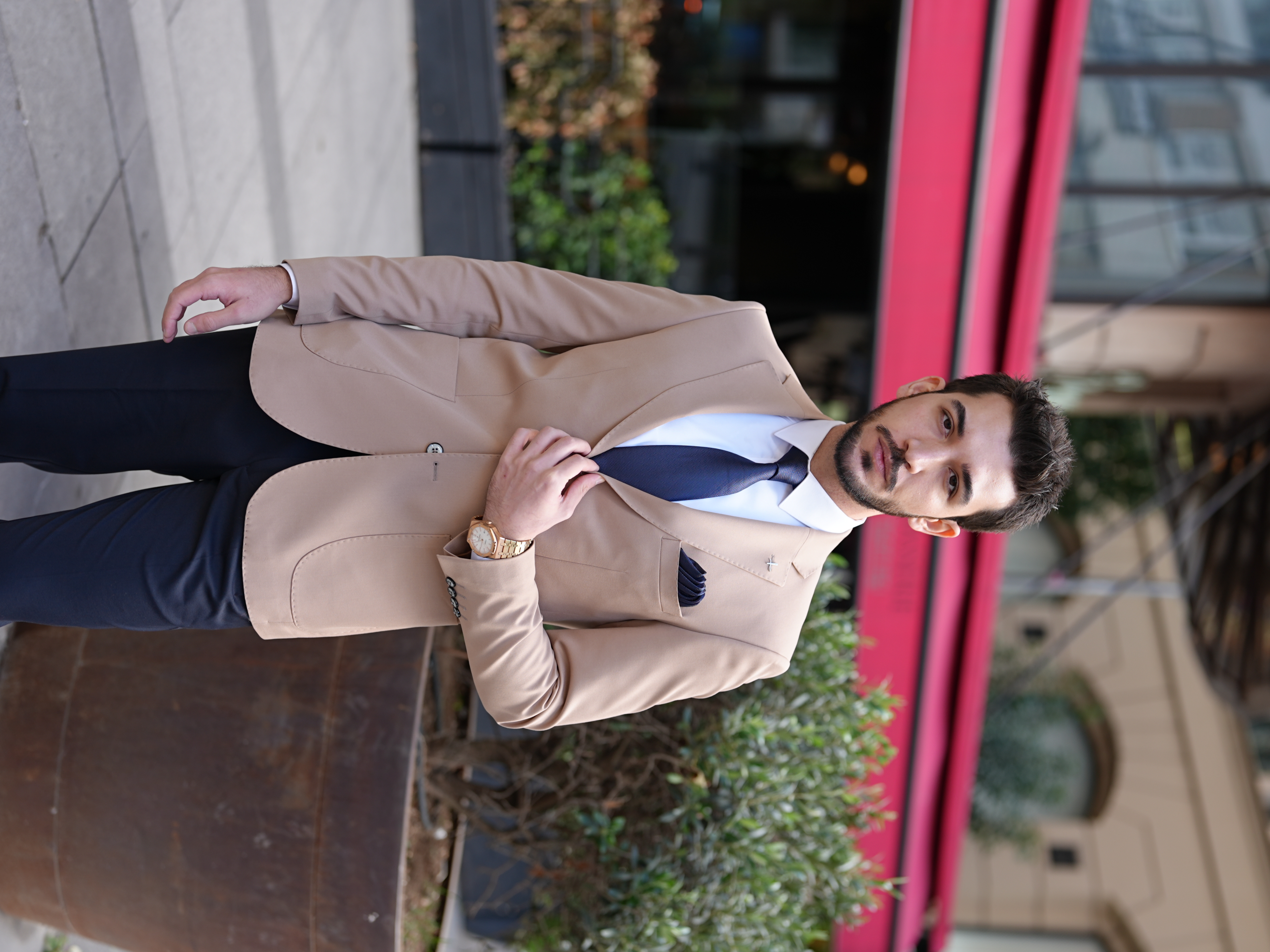 Erkek Premium İtalyan Stil Slim Fit Erkek Punto Dikişli Torba Cepli Yarım Astarlı Ceket - Taba