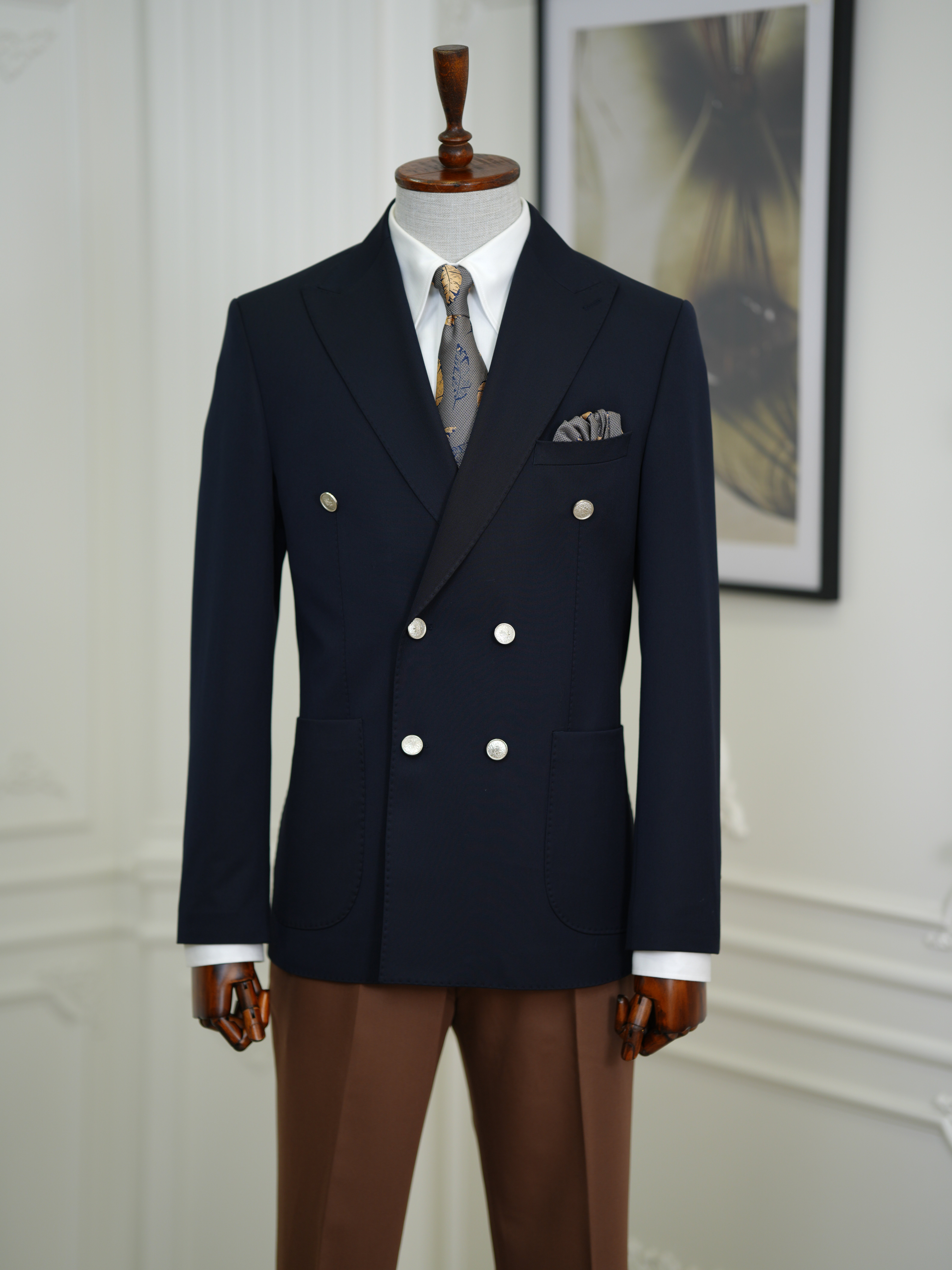 Erkek Premium İtalyan Stil Slim Fit Erkek Punto Dikişli Torba Cepli Yarım Astarlı Kruvaze Ceket - Koyu Lacivert