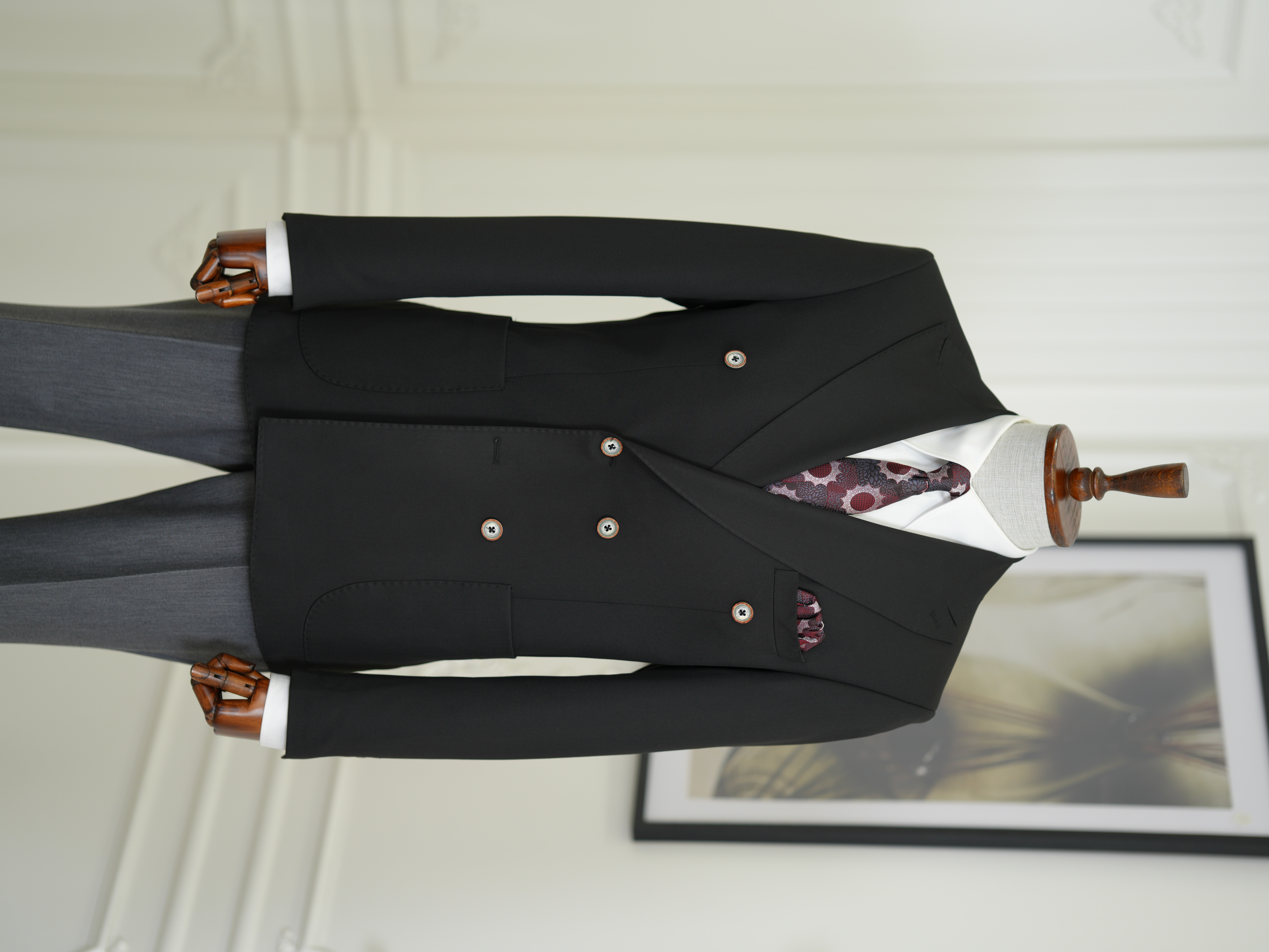 Erkek Premium İtalyan Stil Slim Fit Erkek Punto Dikişli Torba Cepli Yarım Astarlı Kruvaze Ceket-Siyah