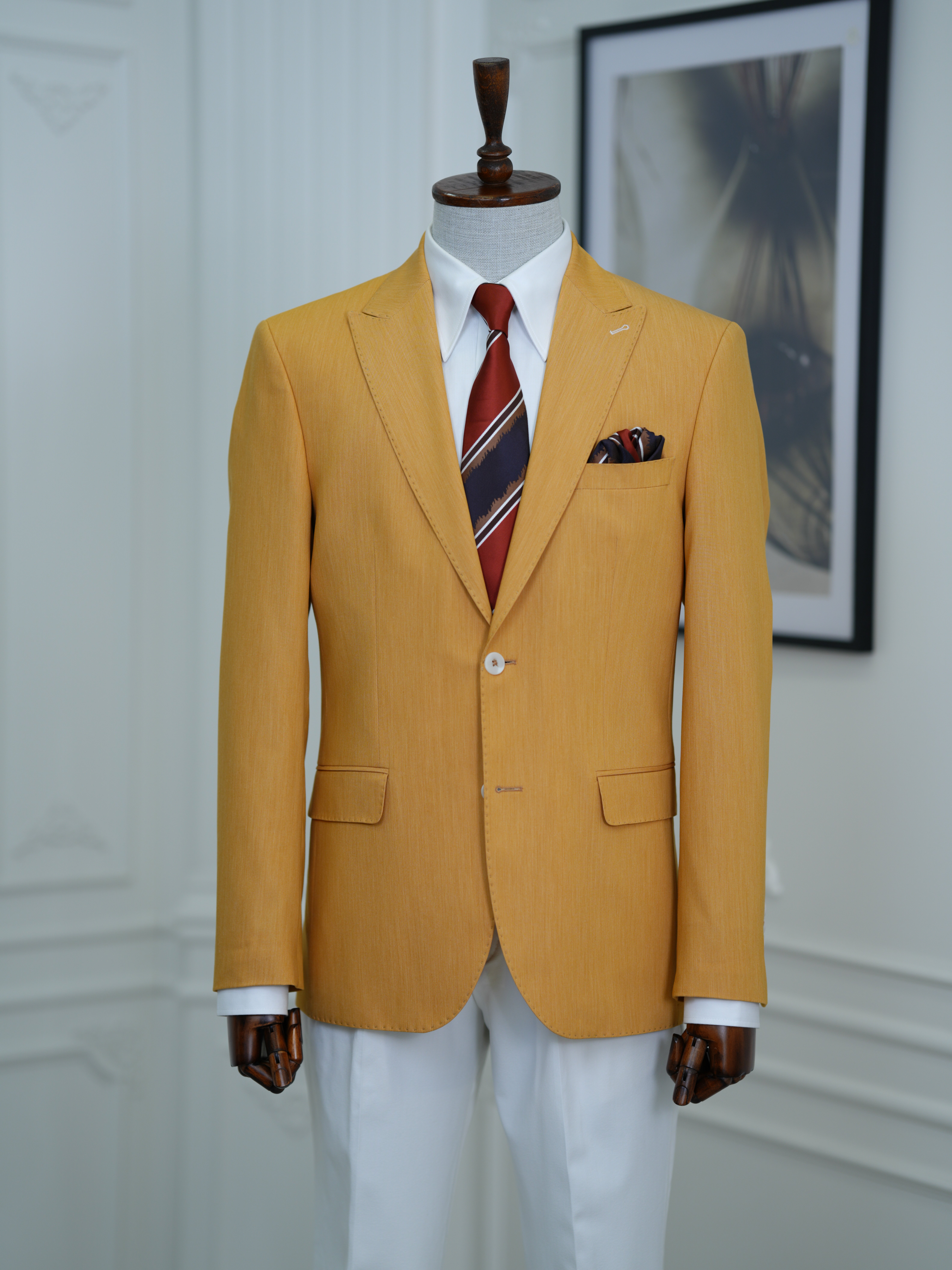 Erkek Premium İtalyan Stil Slim Fit Erkek Punto Dikişli Torba Cepli Yarım Astarlı Ceket - Sarı
