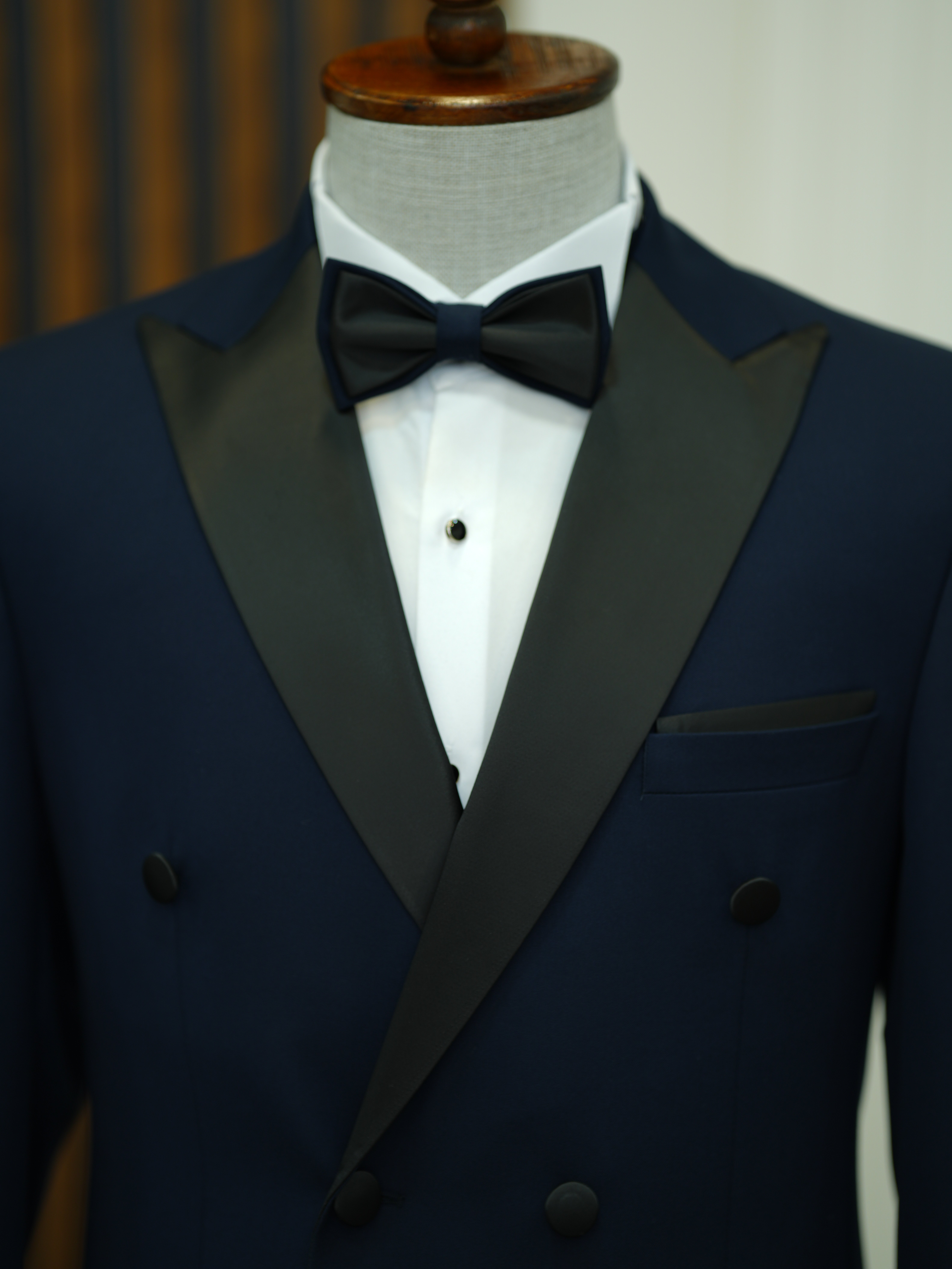 Erkek Premium Kruvaze Smokin Damatlık İtalyan Stil  Ceket Pantolon Papyon- Lacivert-Lacivert