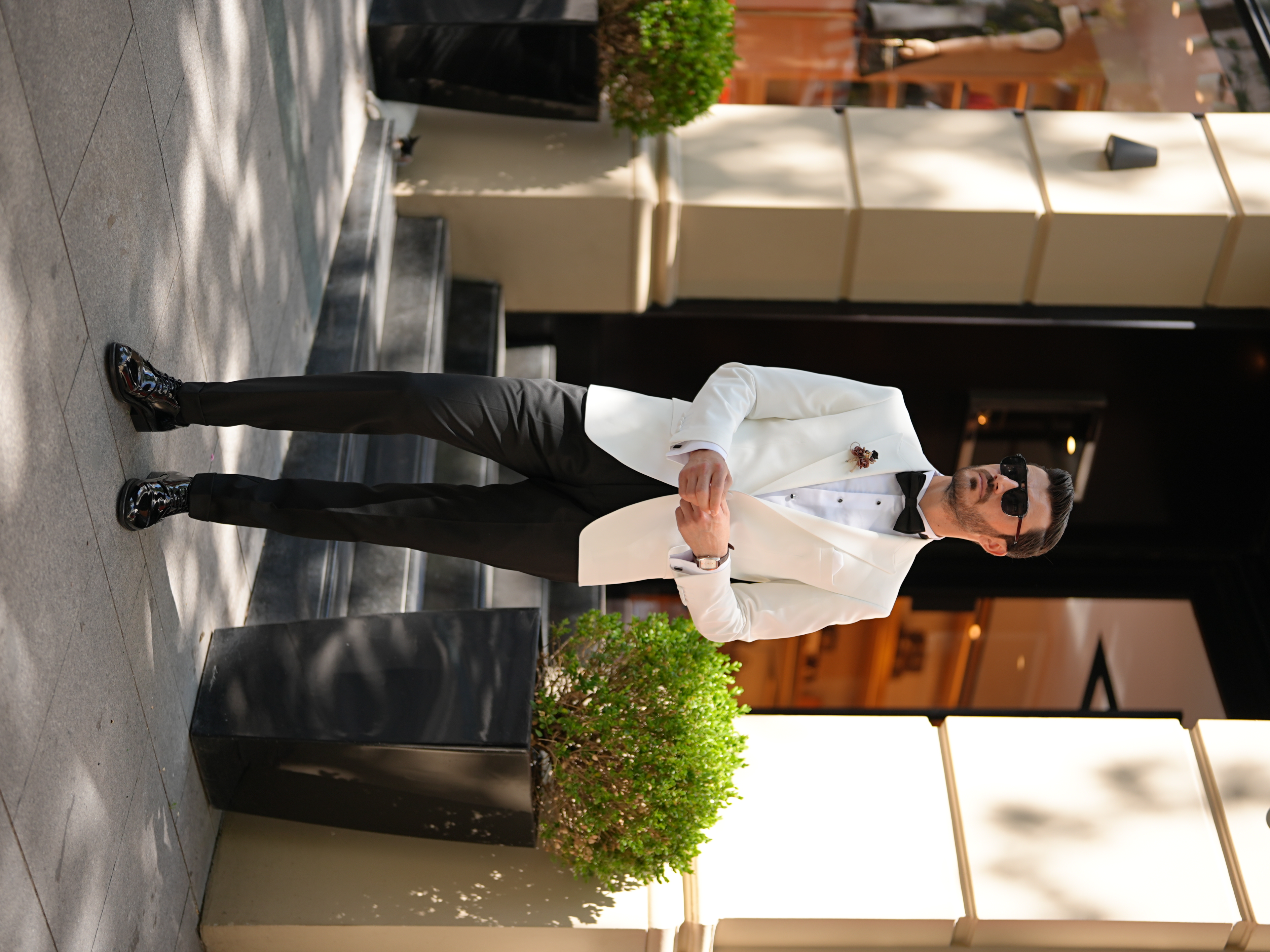 Erkek Premium Smokin Damatlık İtaltan Stil Slim Fit Ceket Pantolon Papyon-Beyaz - Beyaz