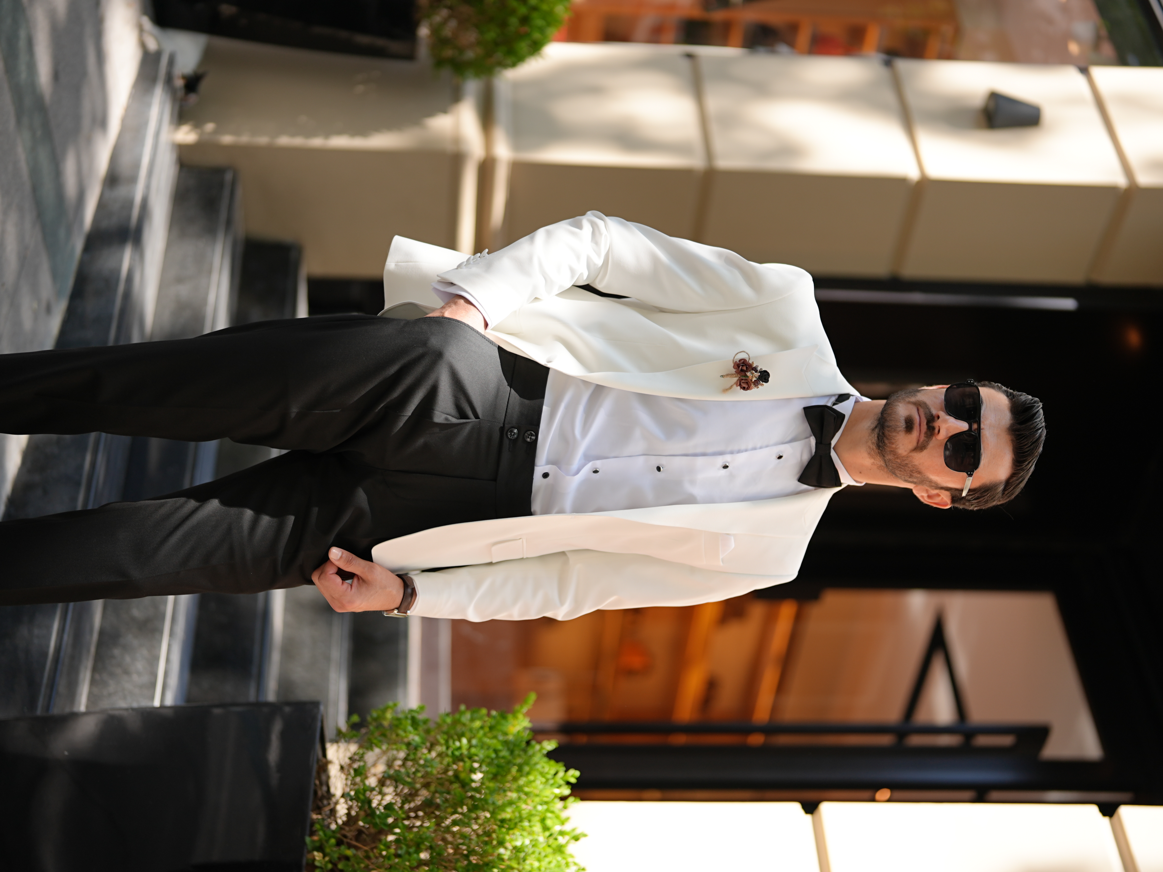 Erkek Premium Smokin Damatlık İtaltan Stil Slim Fit Ceket Pantolon Papyon-Beyaz - Beyaz