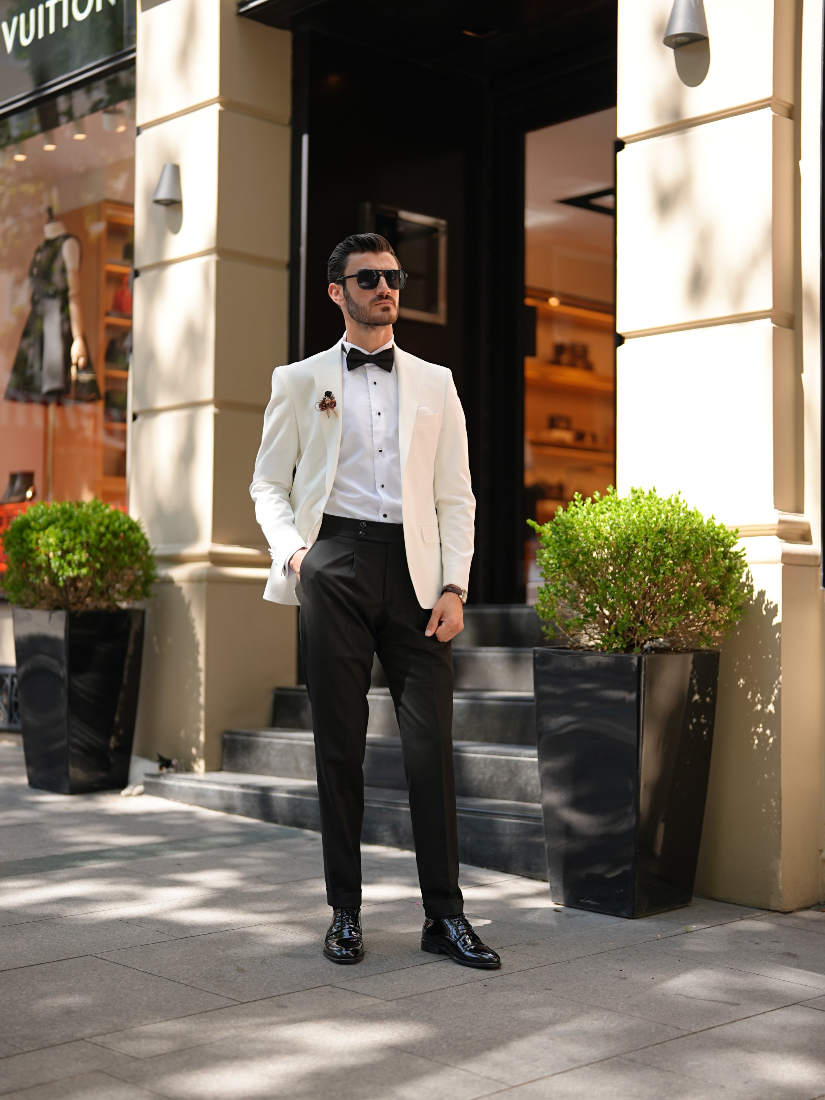 Erkek Premium Smokin Damatlık İtaltan Stil Slim Fit Ceket Pantolon Papyon-Beyaz - Beyaz