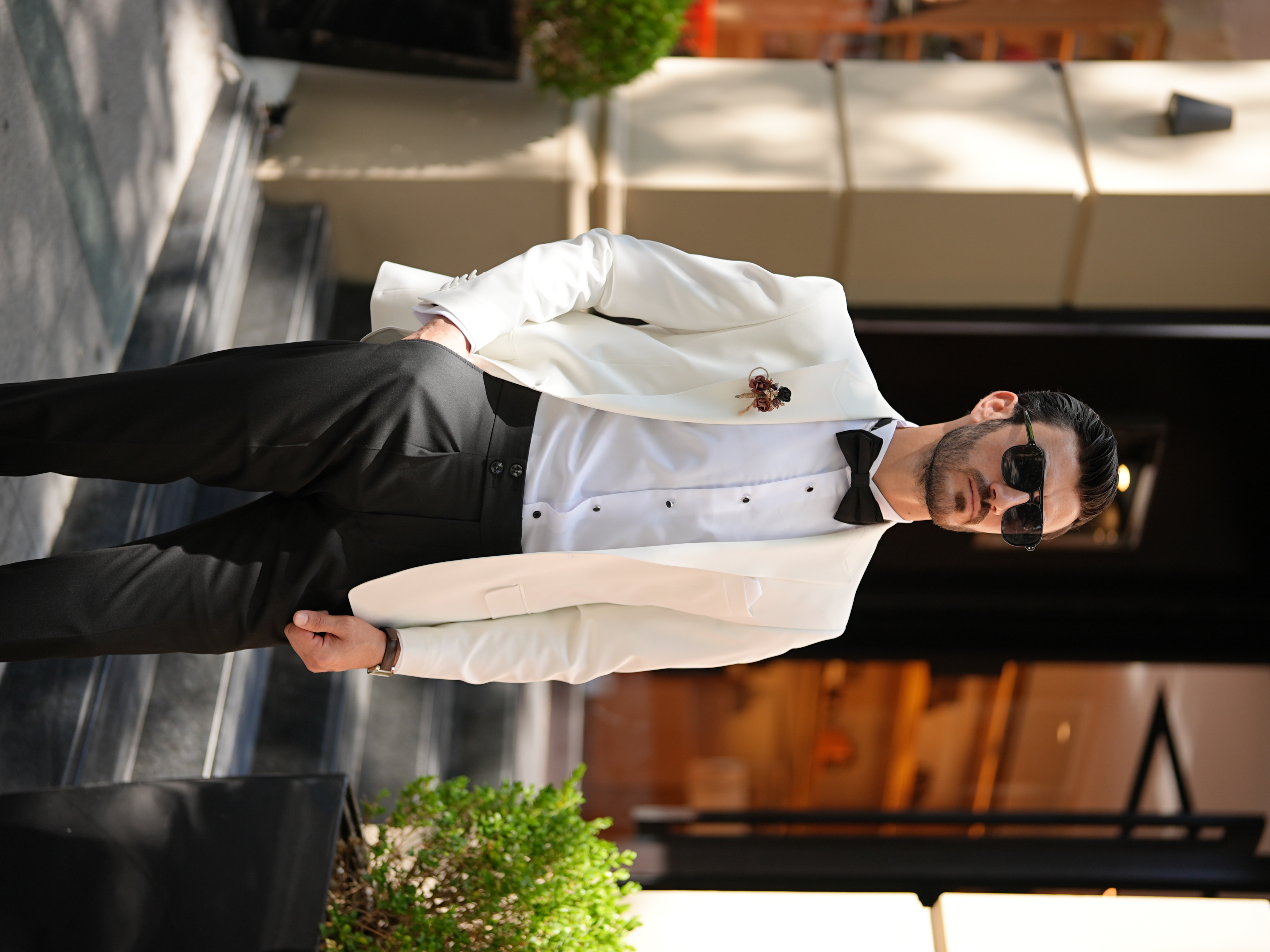 Erkek Premium Smokin Damatlık İtaltan Stil Slim Fit Ceket Pantolon Papyon-Beyaz - Beyaz