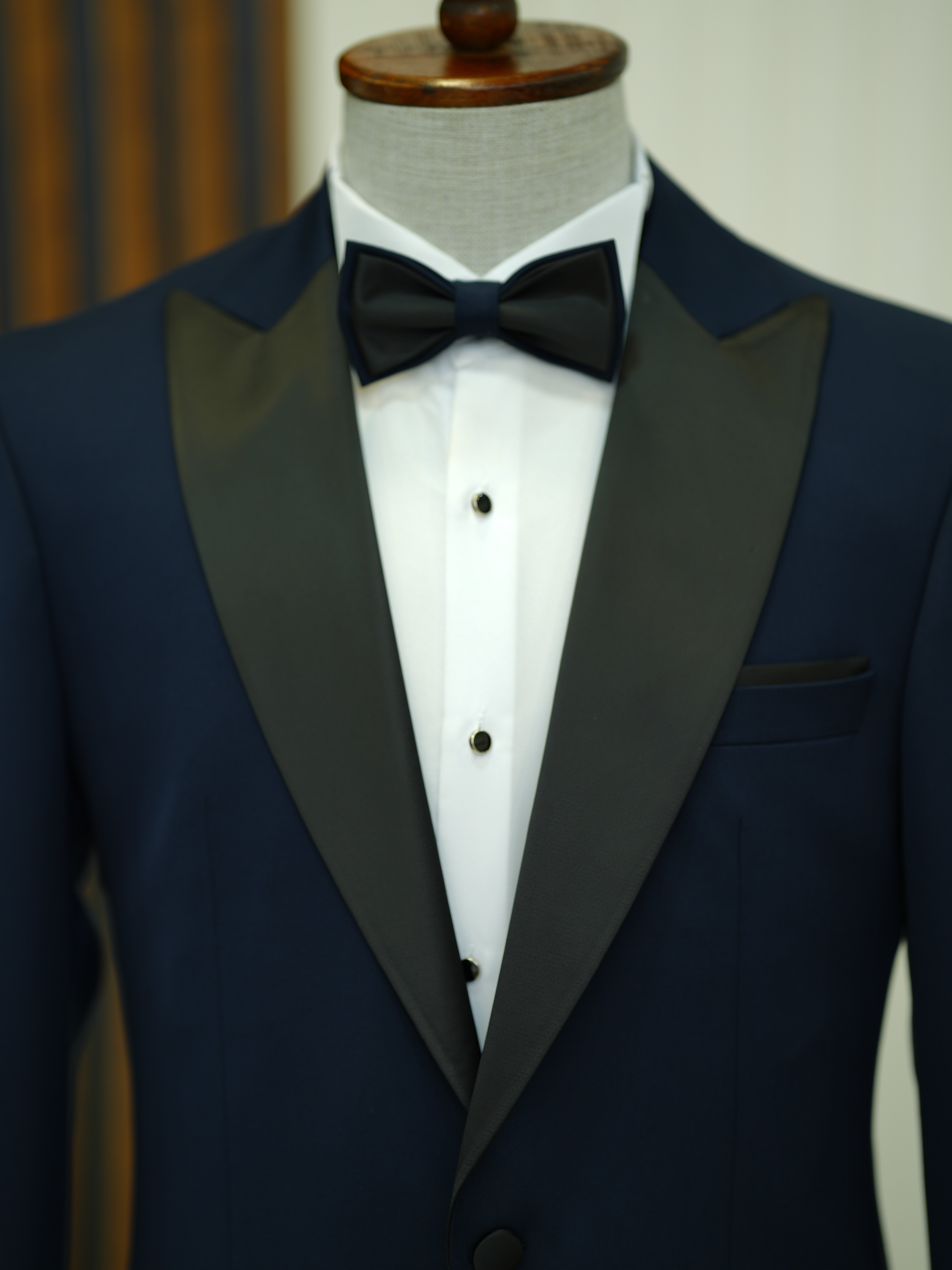 Erkek Premium Smokin Damatlık Kırlangıç Yaka İtalyan Stil  Ceket Pantolon Papyon- Lacivert-Lacivert