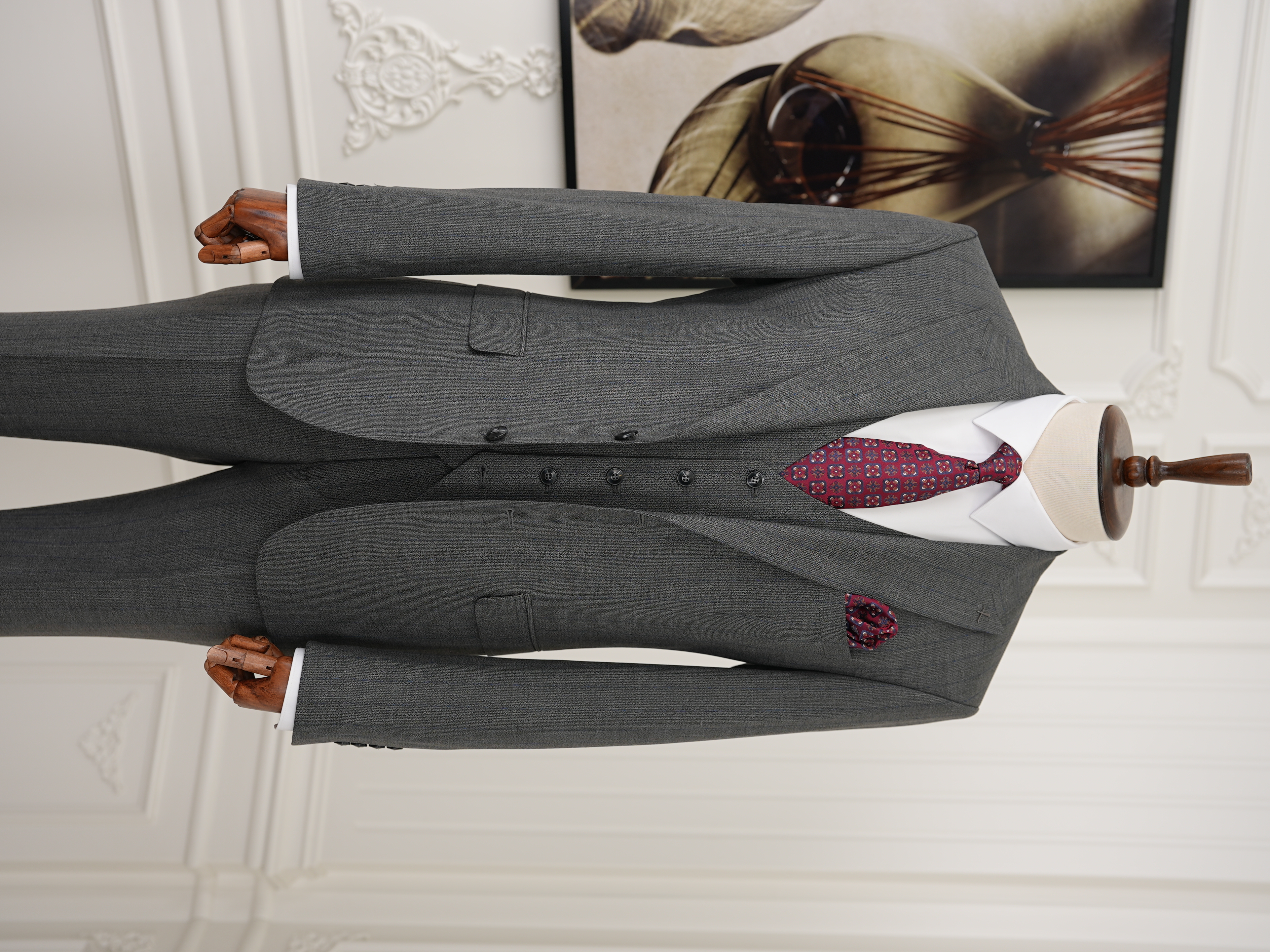 Erkek Premıum Takım Elbise İtalyan Stil Slim Fit Ceket Yelek Pantolon - Gri