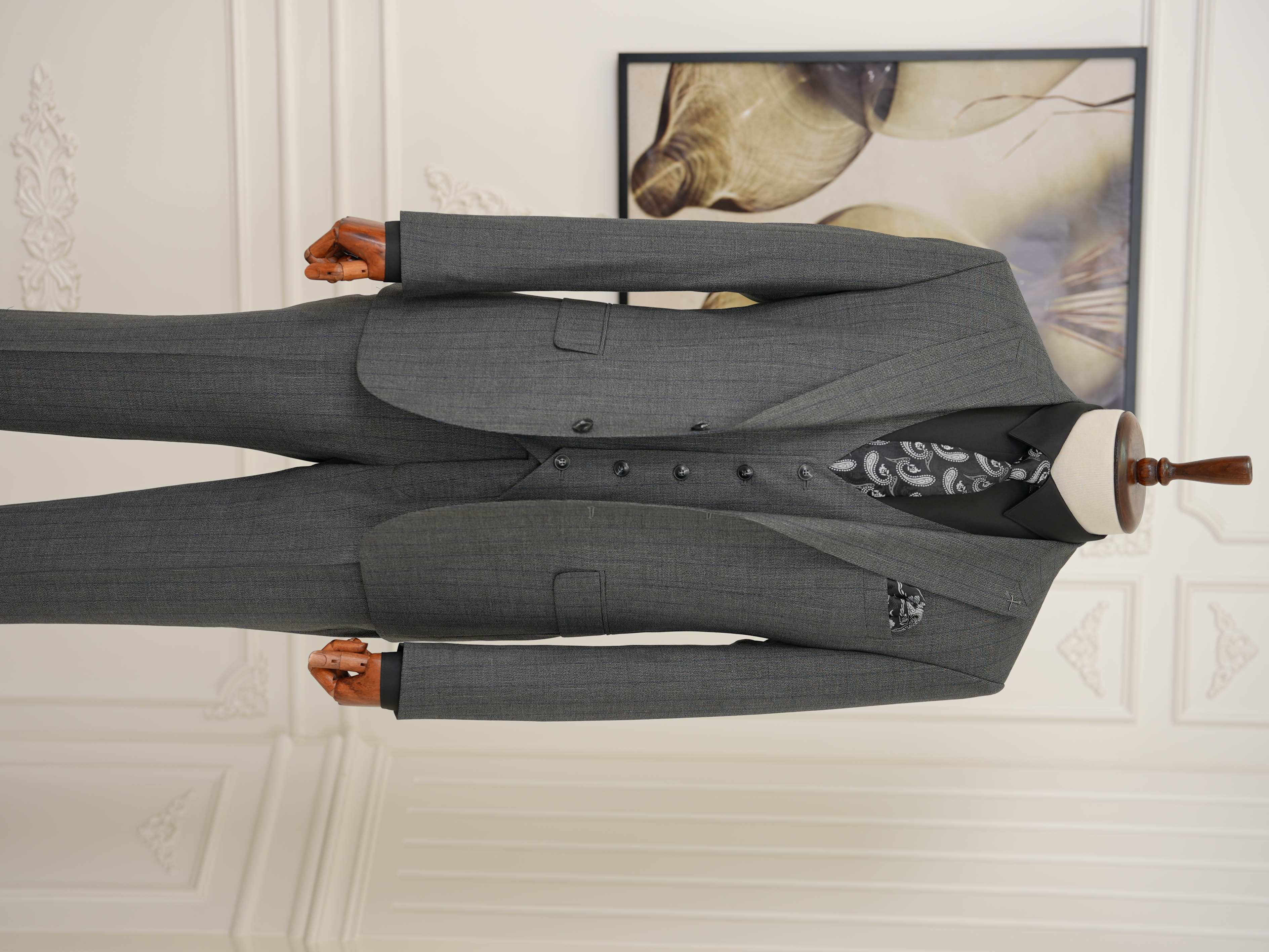 Erkek Premıum Takım Elbise İtalyan Stil Slim Fit Ceket Yelek Pantolon - Füme