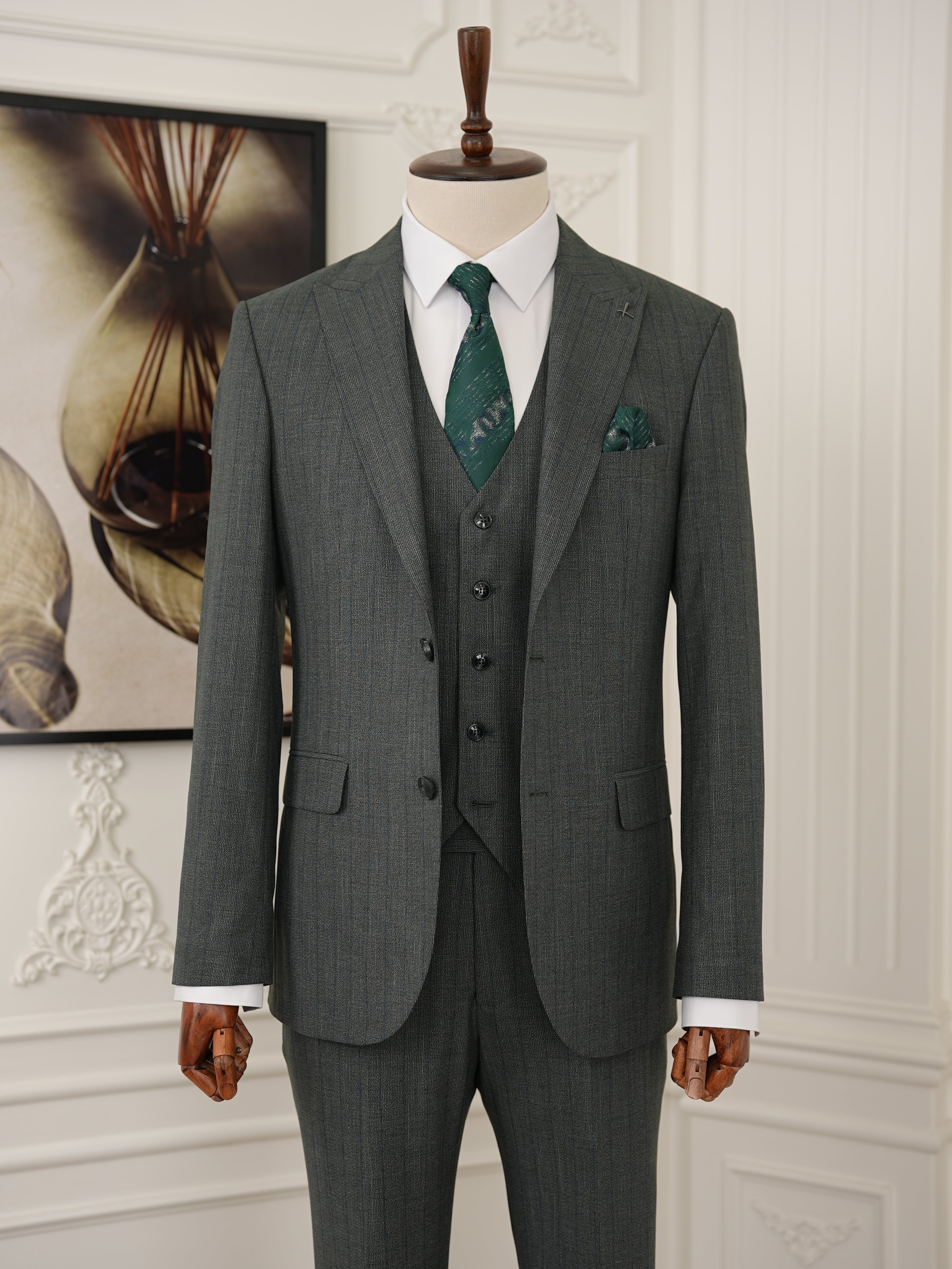 Erkek Premıum Takım Elbise İtalyan Stil Slim Fit Ceket Yelek Pantolon - Yeşil