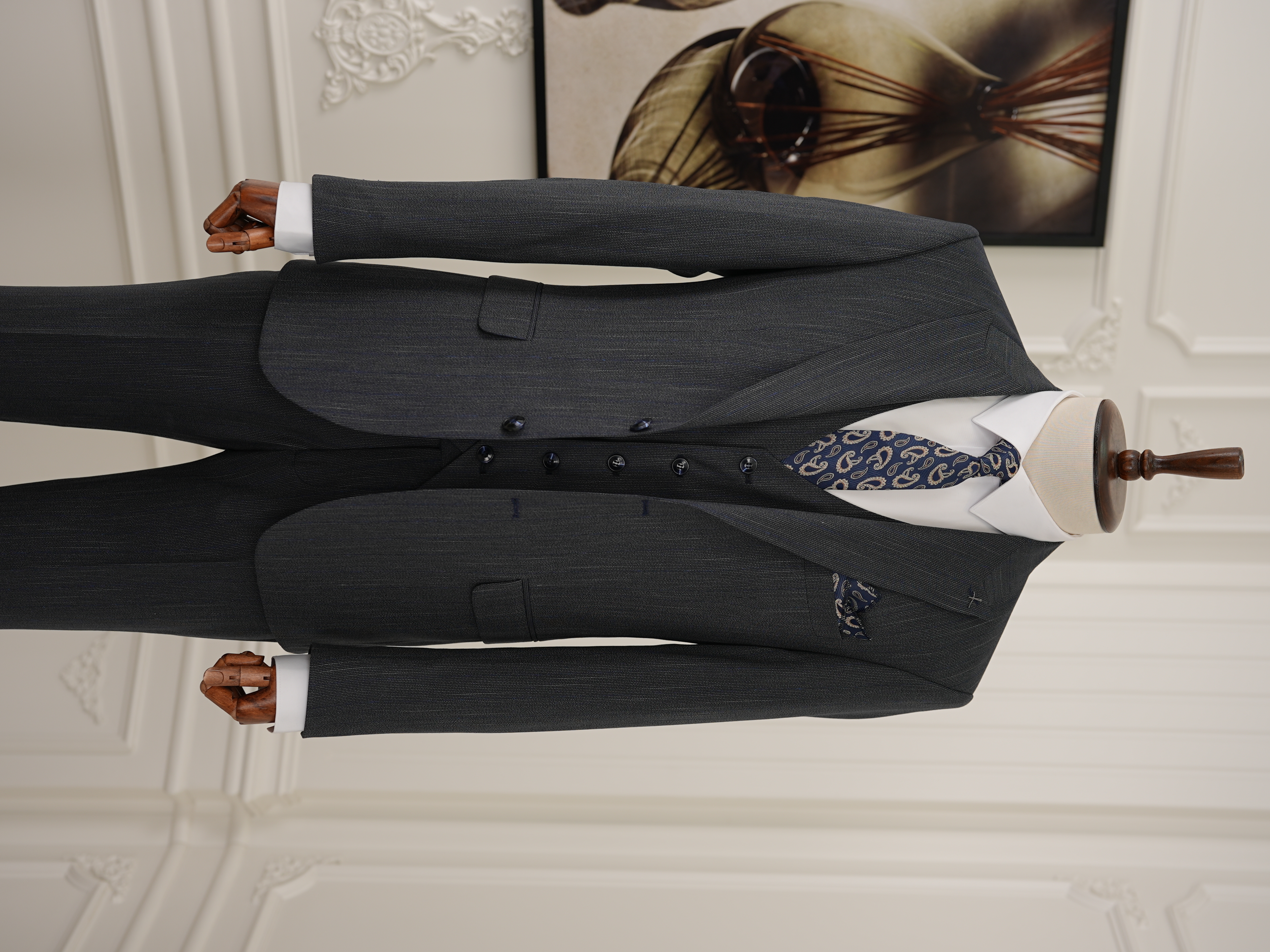 Erkek Premıum Takım Elbise İtalyan Stil Slim Fit Ceket Yelek Pantolon - Koyu Lacivert