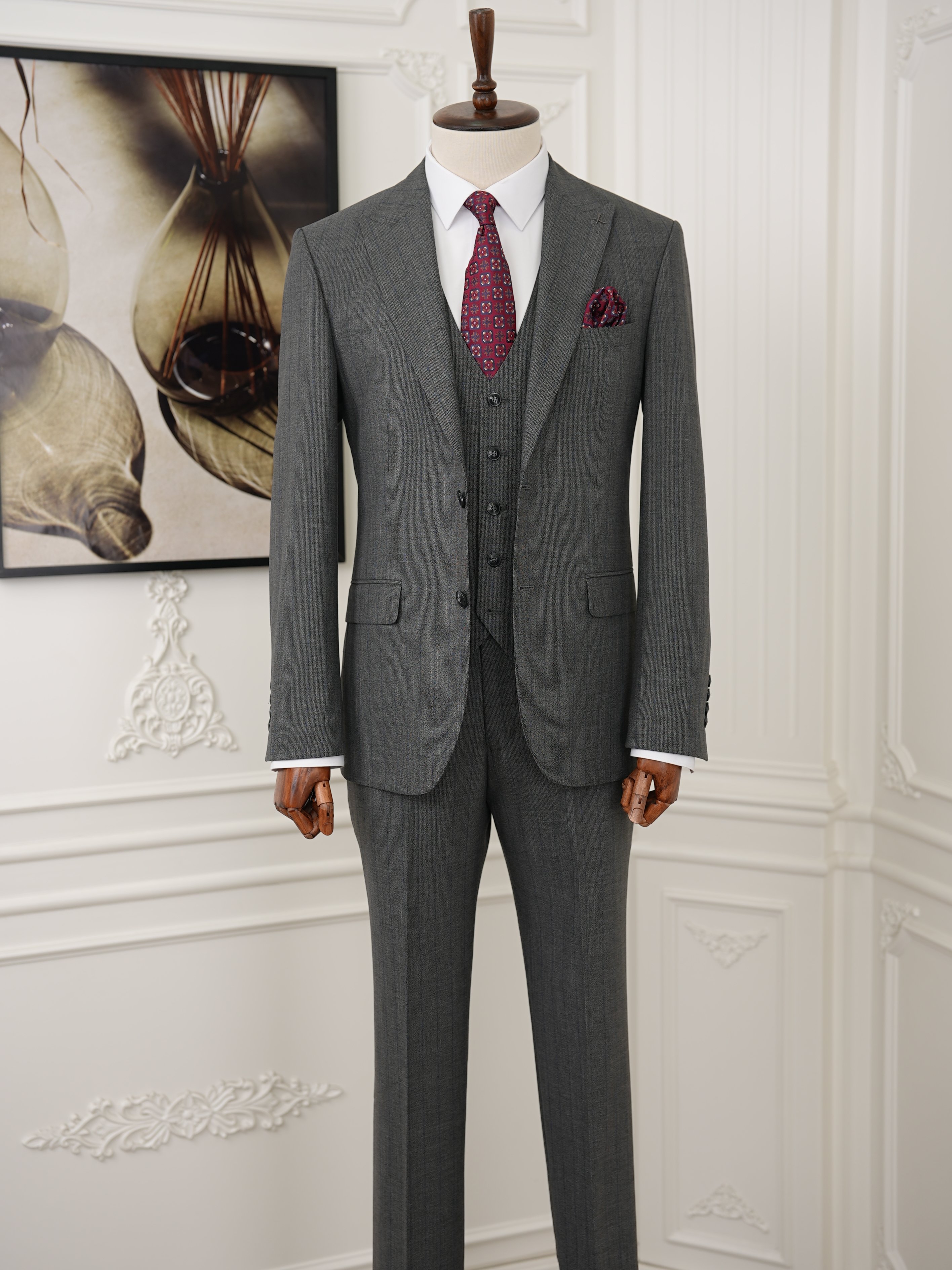 Erkek Premıum Takım Elbise İtalyan Stil Slim Fit Ceket Yelek Pantolon - Gri