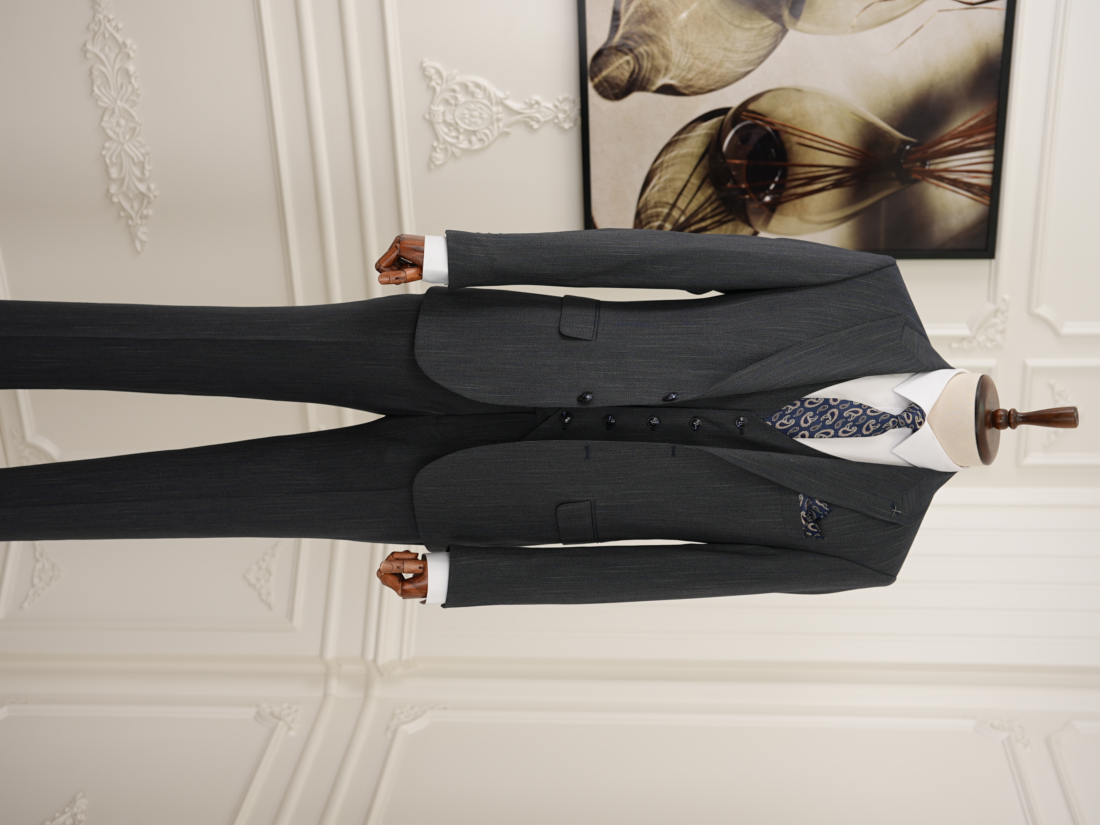 Erkek Premıum Takım Elbise İtalyan Stil Slim Fit Ceket Yelek Pantolon - Koyu Lacivert
