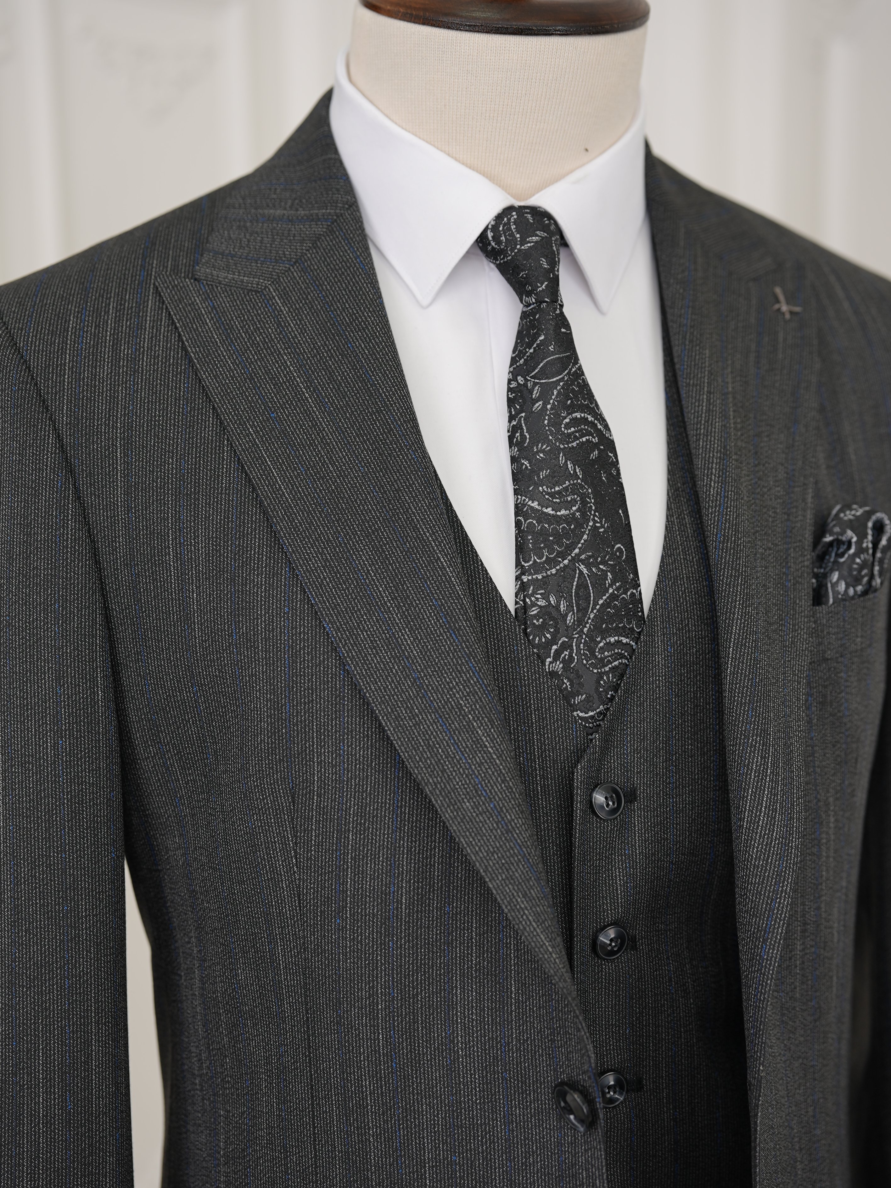 Erkek Premıum Takım Elbise İtalyan Stil Slim Fit Ceket Yelek Pantolon - Antrasit