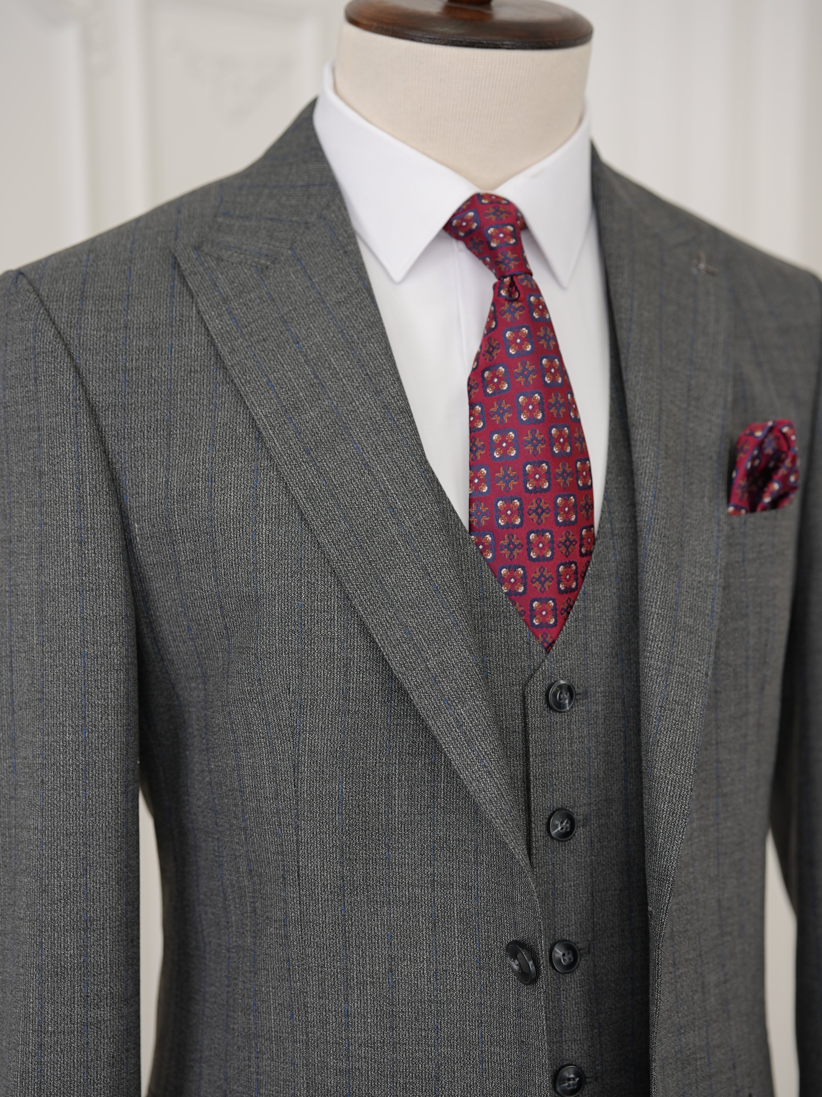 Erkek Premıum Takım Elbise İtalyan Stil Slim Fit Ceket Yelek Pantolon - Gri