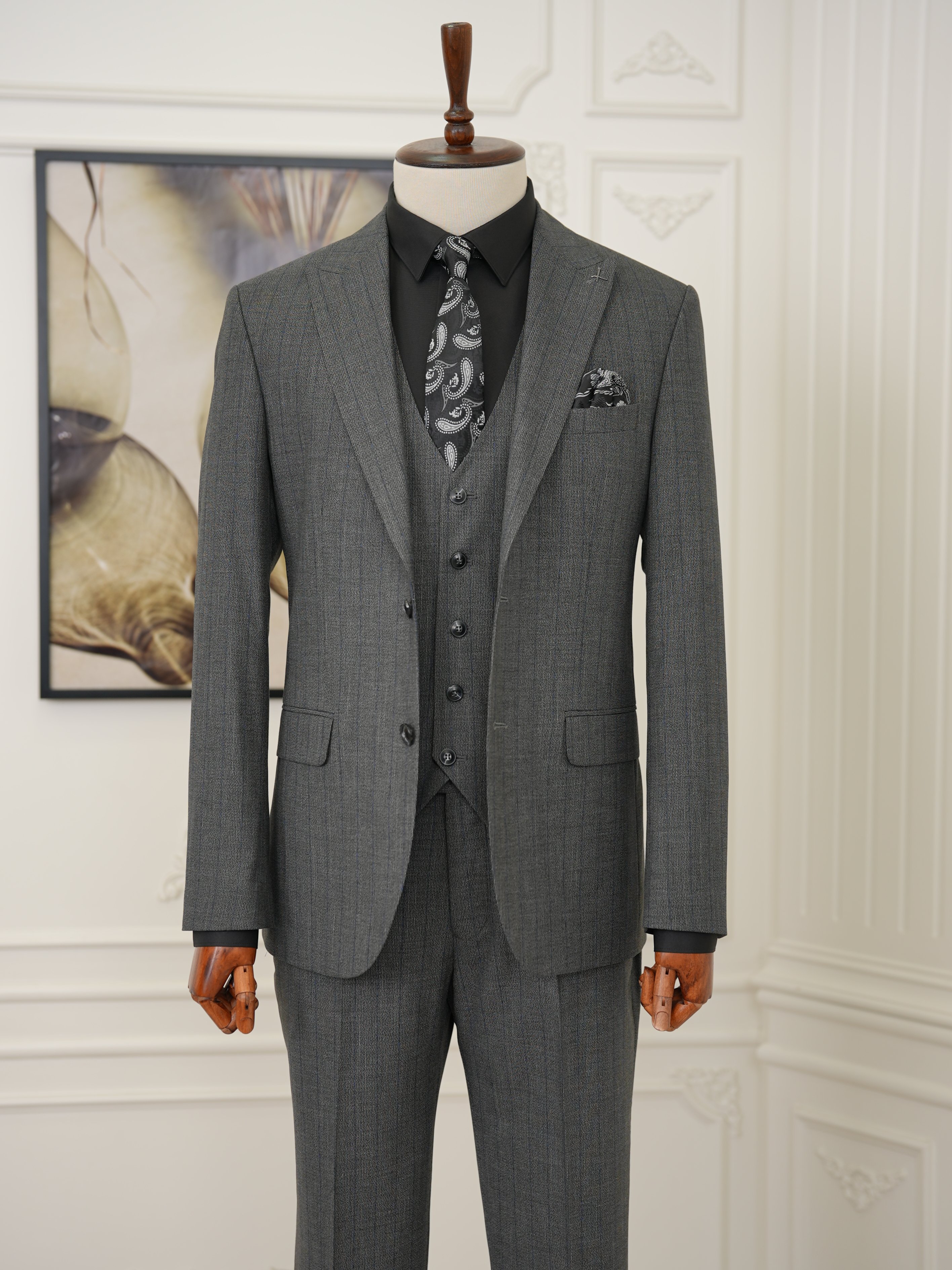 Erkek Premıum Takım Elbise İtalyan Stil Slim Fit Ceket Yelek Pantolon - Füme