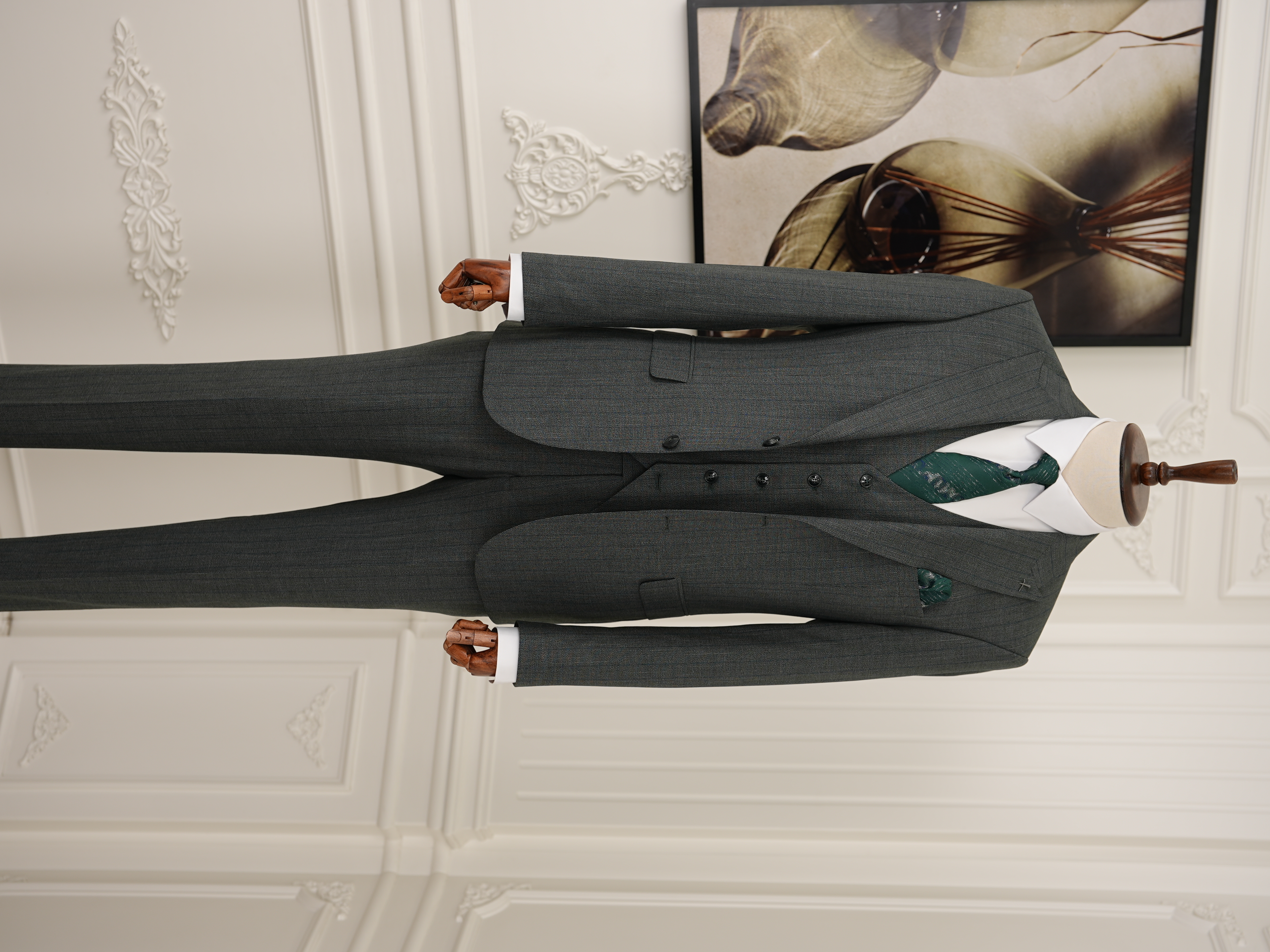 Erkek Premıum Takım Elbise İtalyan Stil Slim Fit Ceket Yelek Pantolon - Yeşil