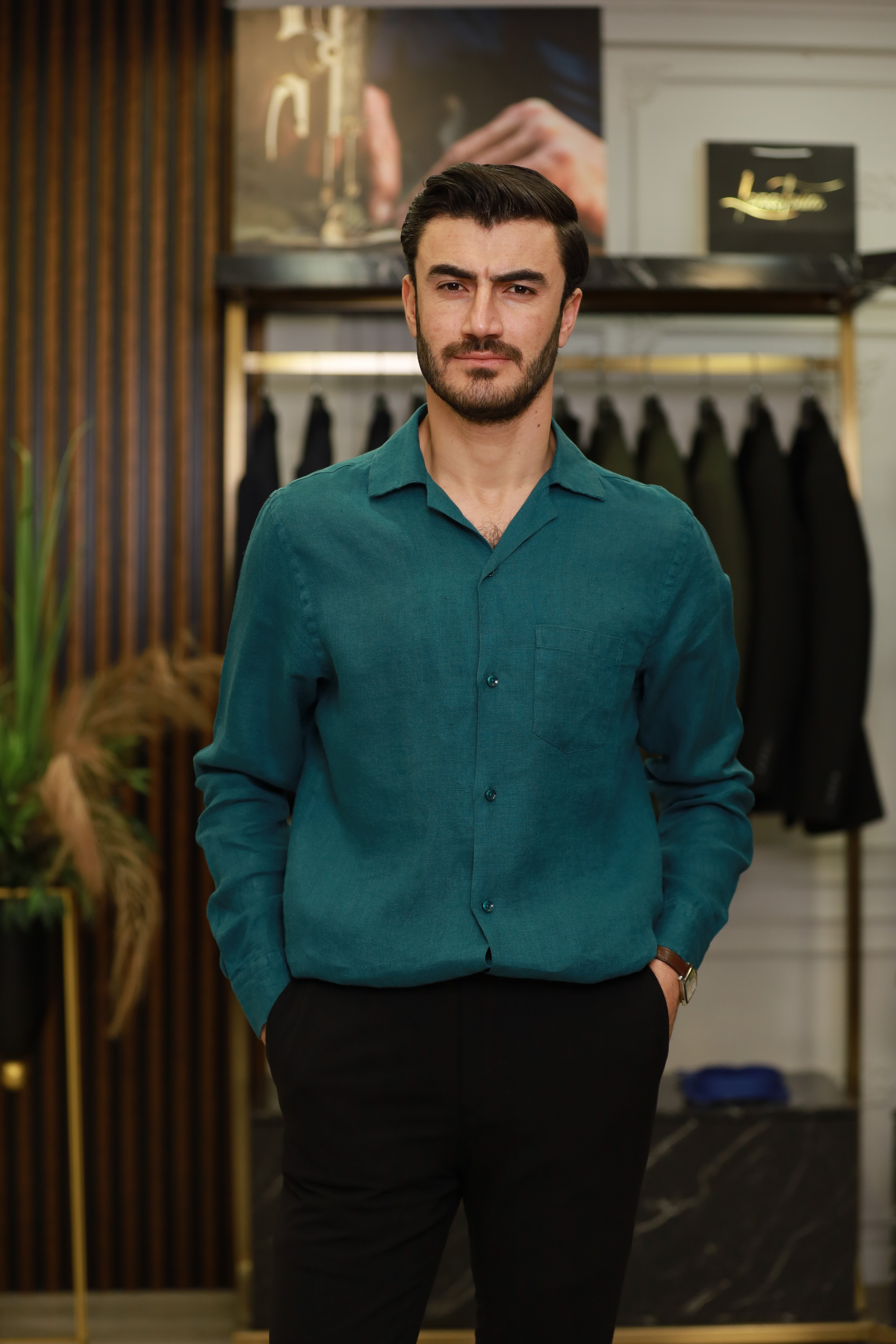 Erkek Regular Fit Apaş Yaka Yazlık Keten Gömlek-Turkuaz