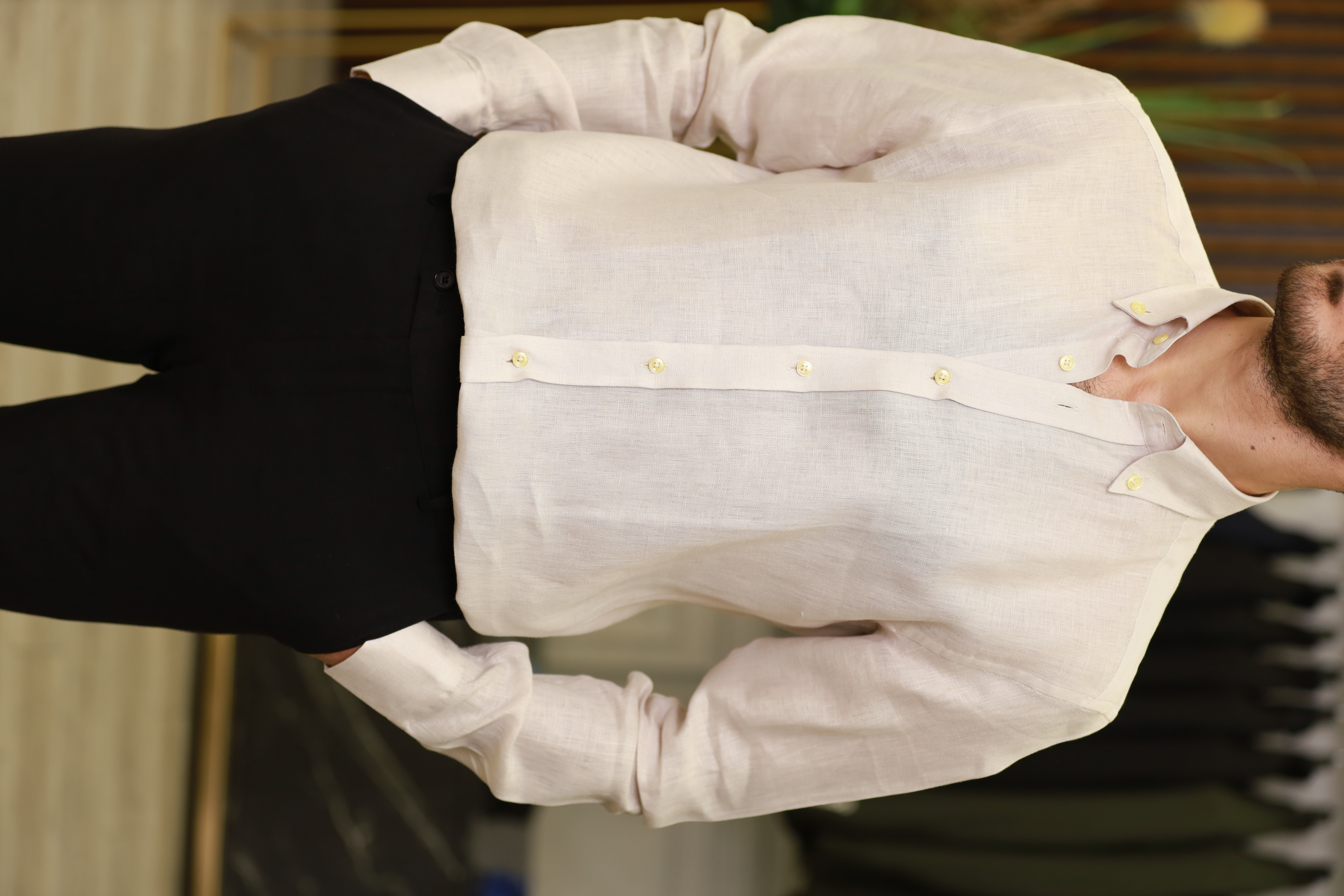 Erkek Regular Fit Apaş Yaka Yazlık Keten Gömlek-Bej
