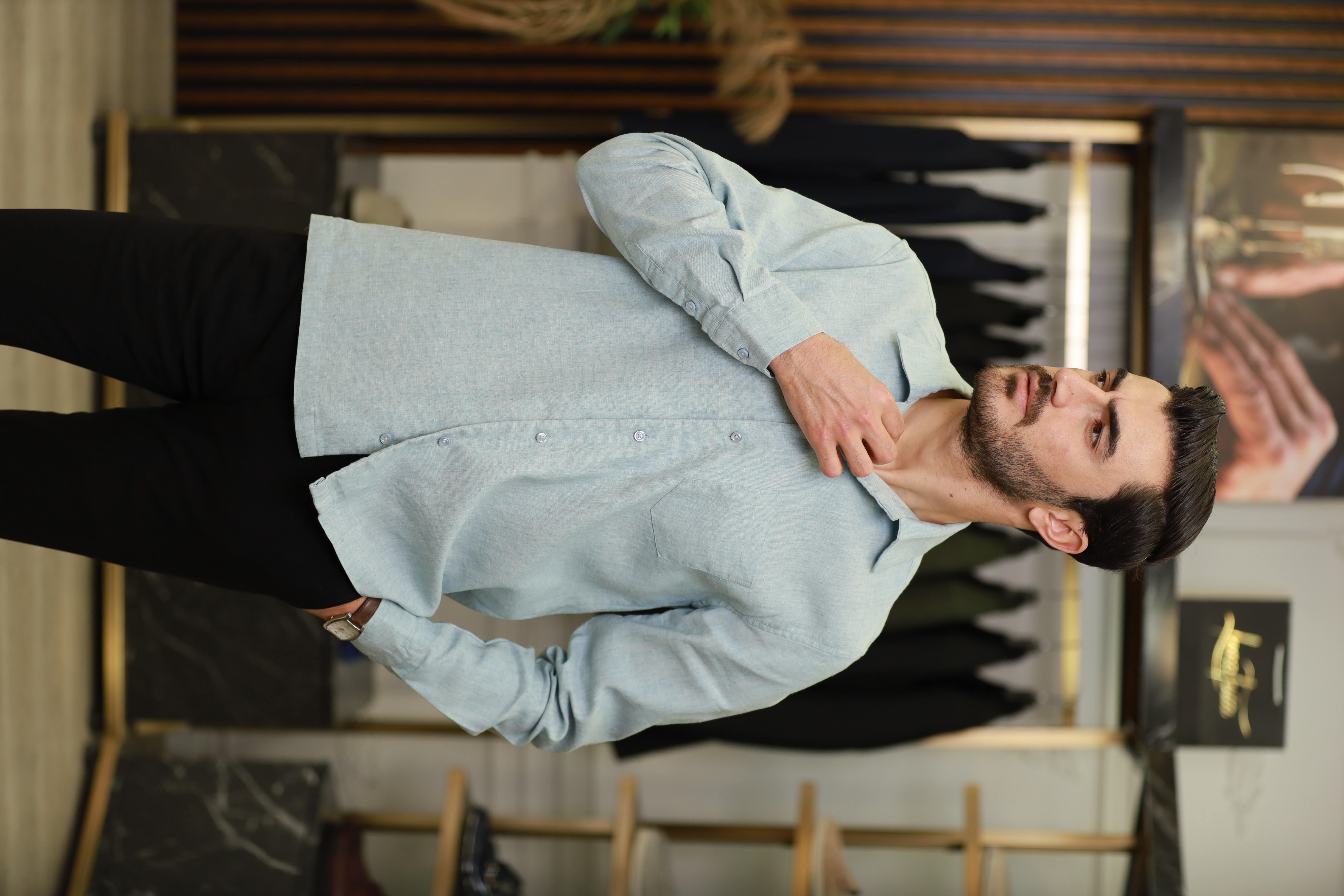 Erkek Regular Fit Apaş Yaka Yazlık Keten Gömlek-Buz Mavisi