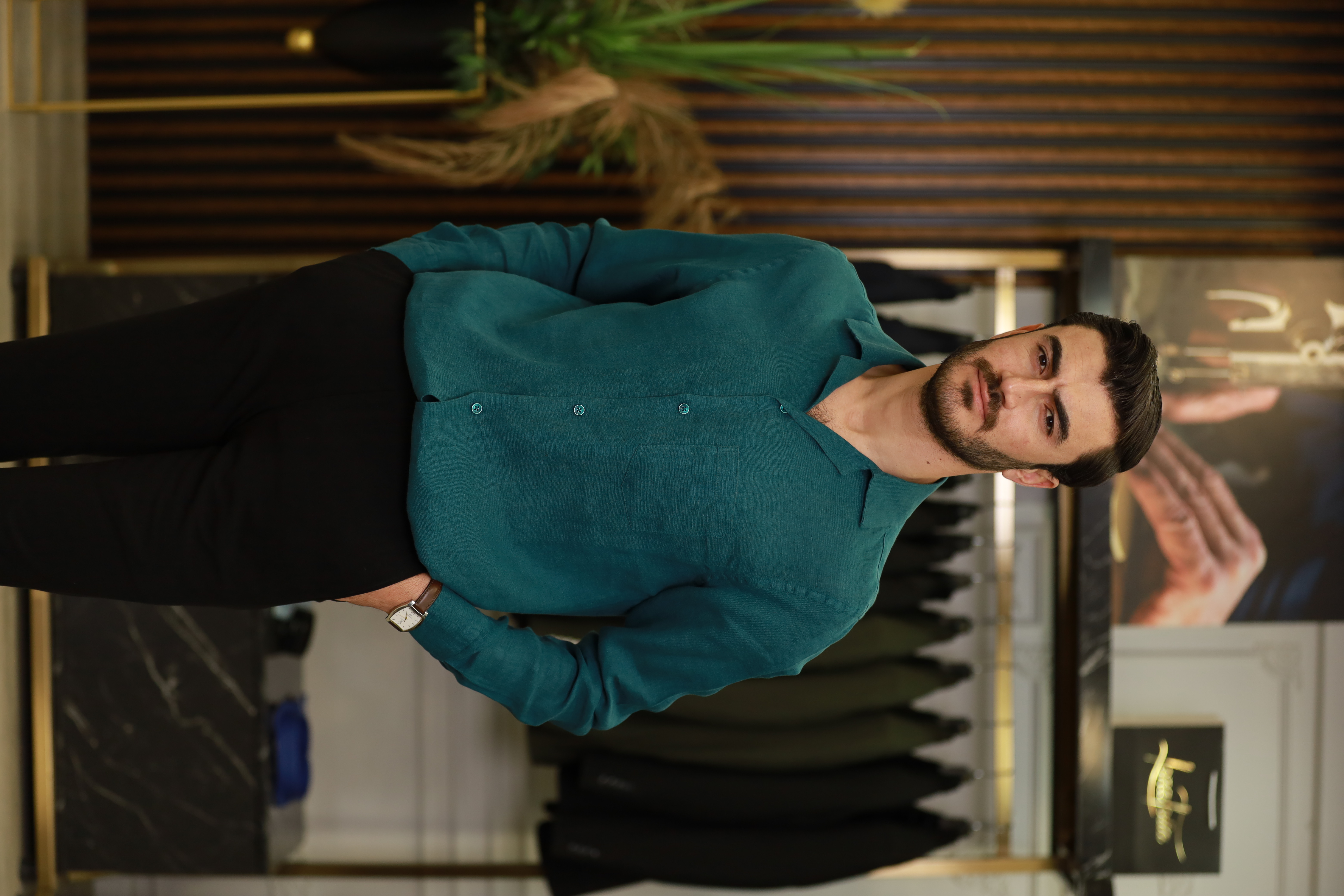Erkek Regular Fit Apaş Yaka Yazlık Keten Gömlek-Turkuaz