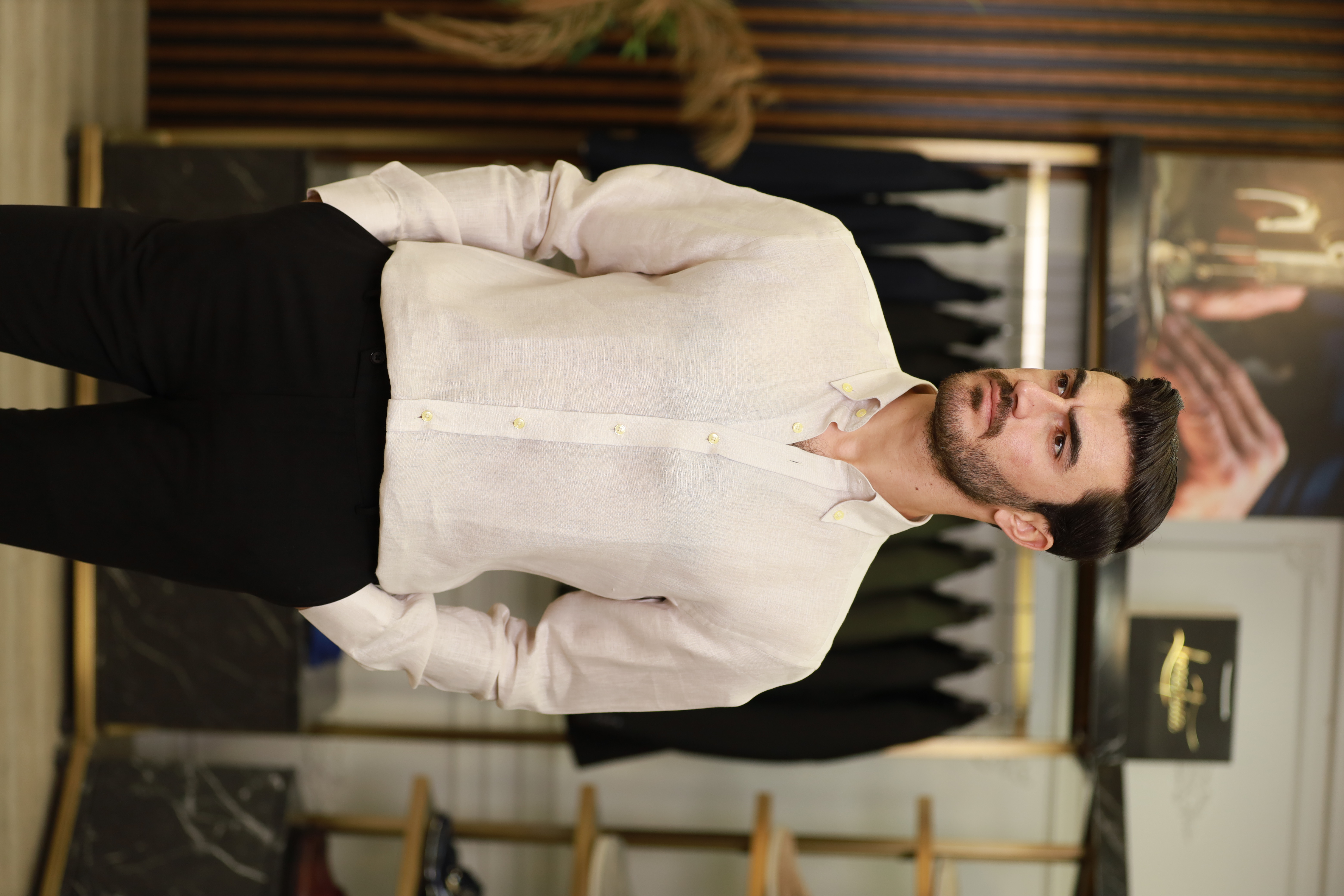 Erkek Regular Fit Apaş Yaka Yazlık Keten Gömlek-Bej