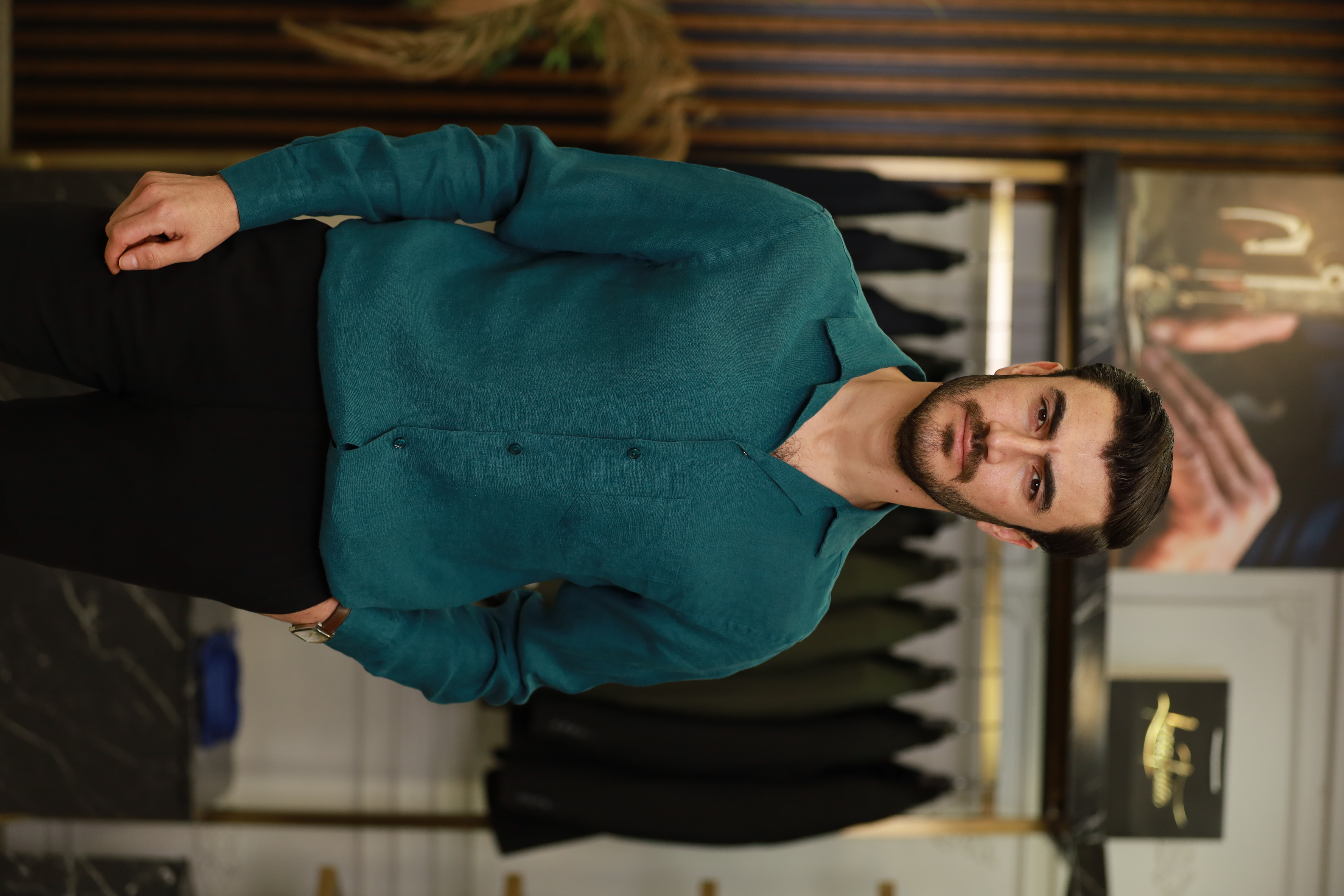 Erkek Regular Fit Apaş Yaka Yazlık Keten Gömlek-Turkuaz