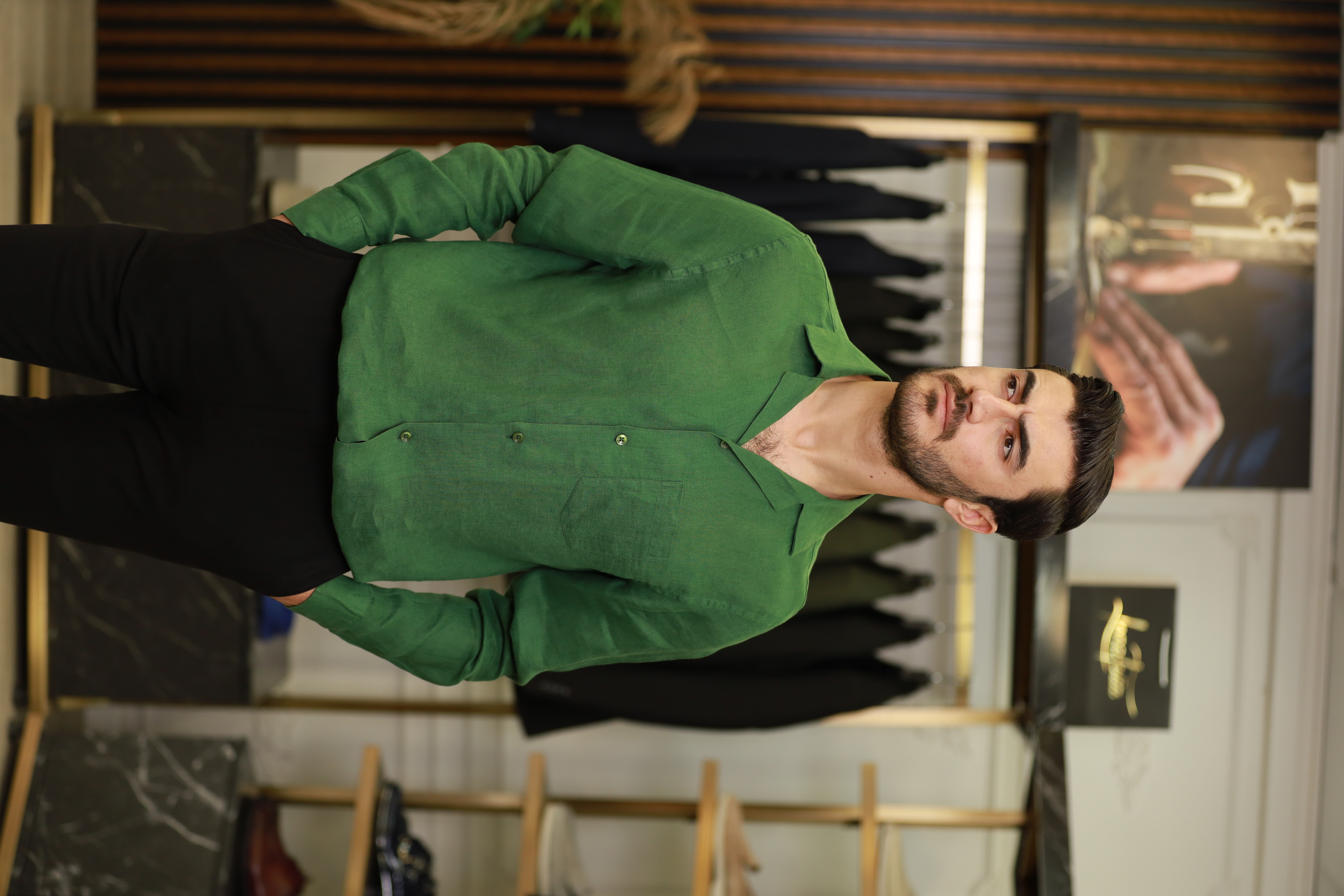 Erkek Regular Fit Apaş Yaka Yazlık Keten Gömlek-Yeşil