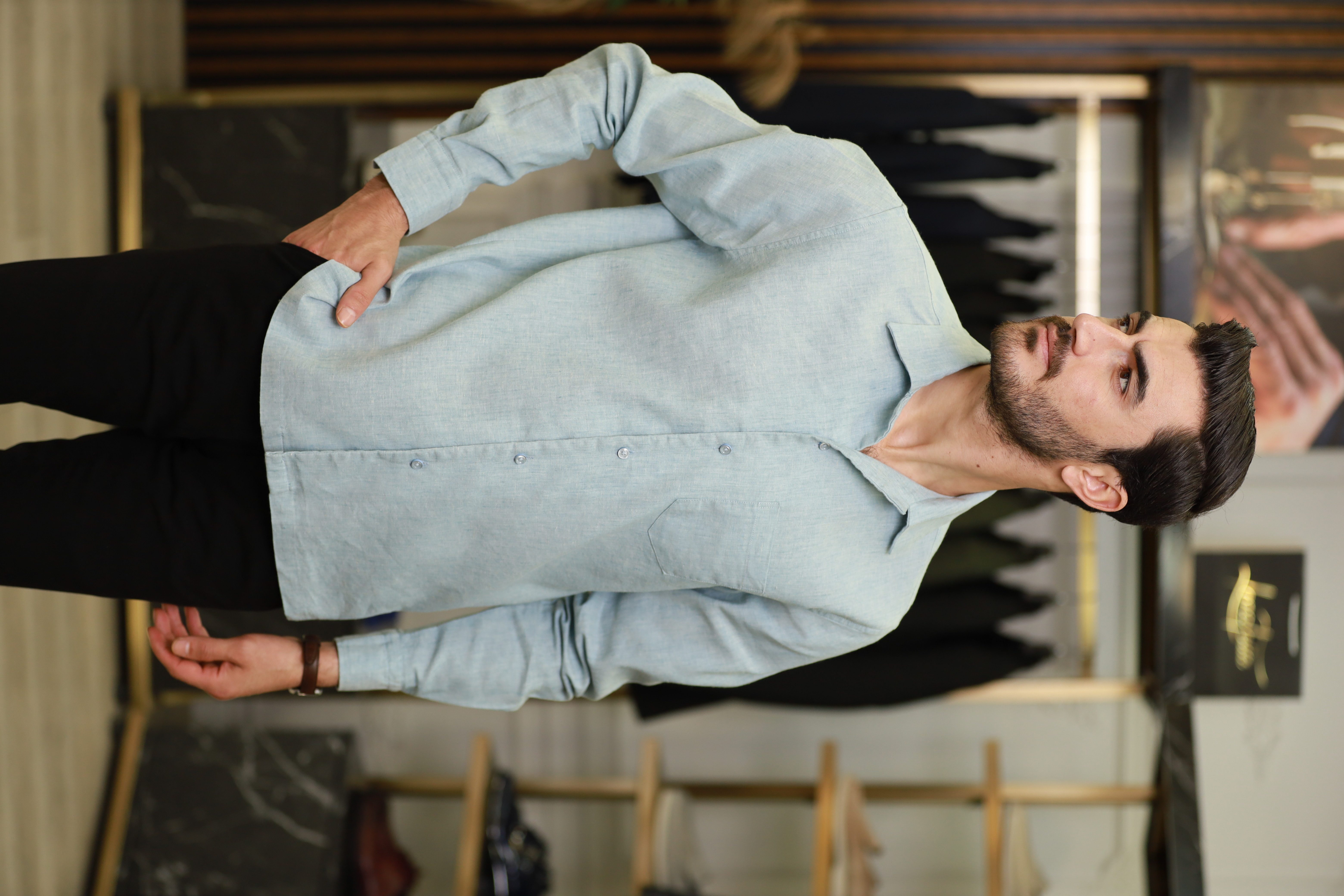 Erkek Regular Fit Apaş Yaka Yazlık Keten Gömlek-Buz Mavisi