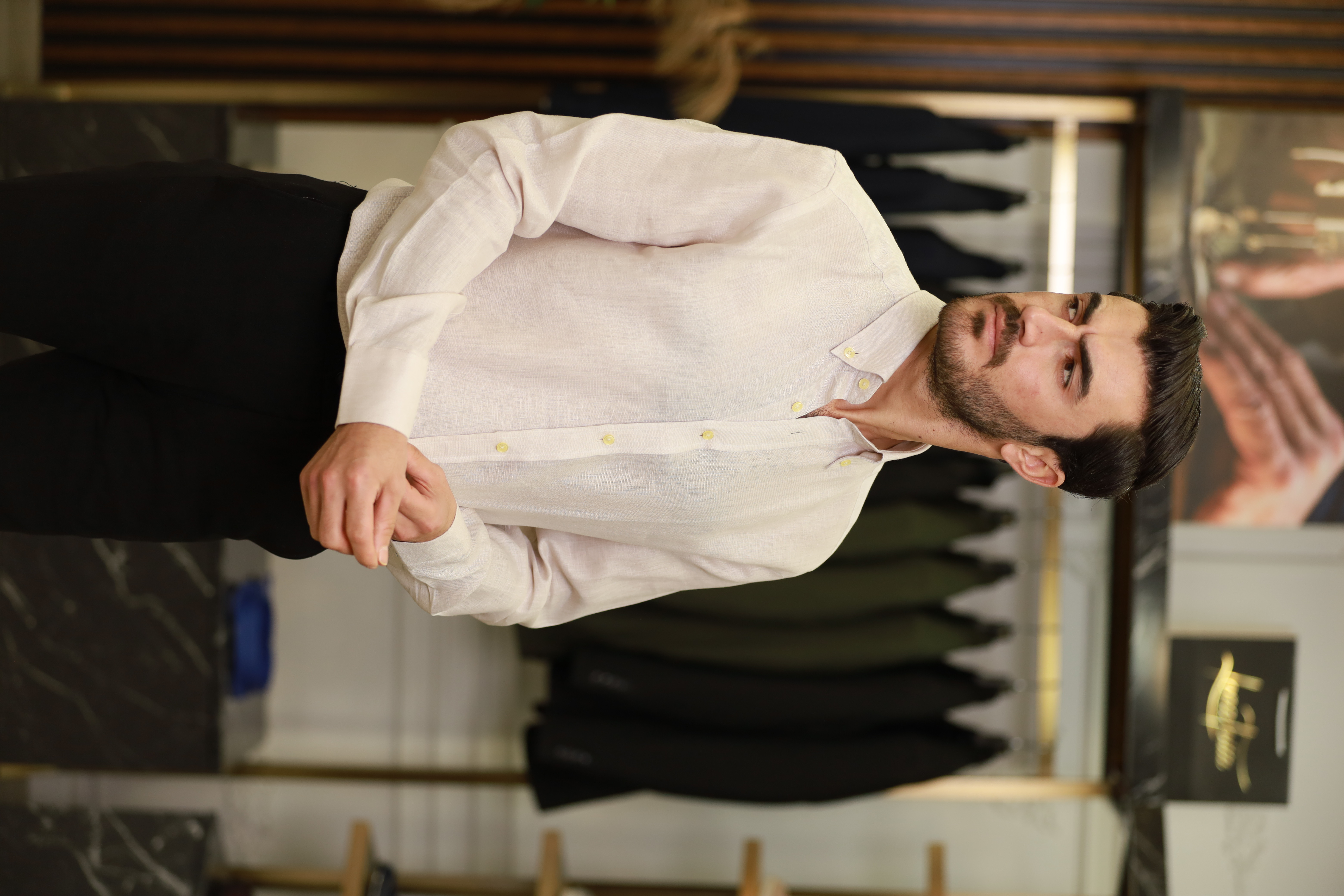 Erkek Regular Fit Apaş Yaka Yazlık Keten Gömlek-Bej