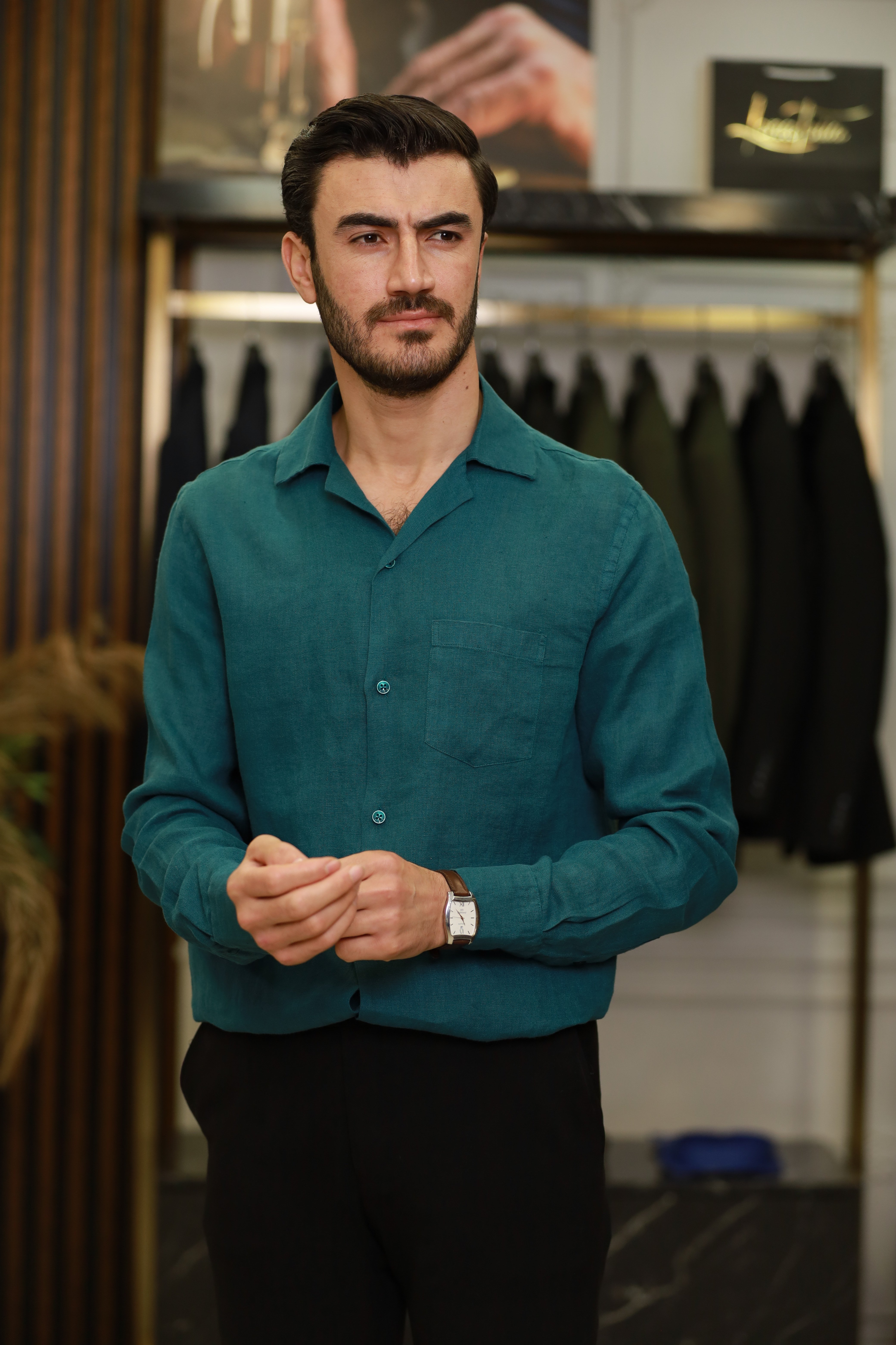 Erkek Regular Fit Apaş Yaka Yazlık Keten Gömlek-Turkuaz