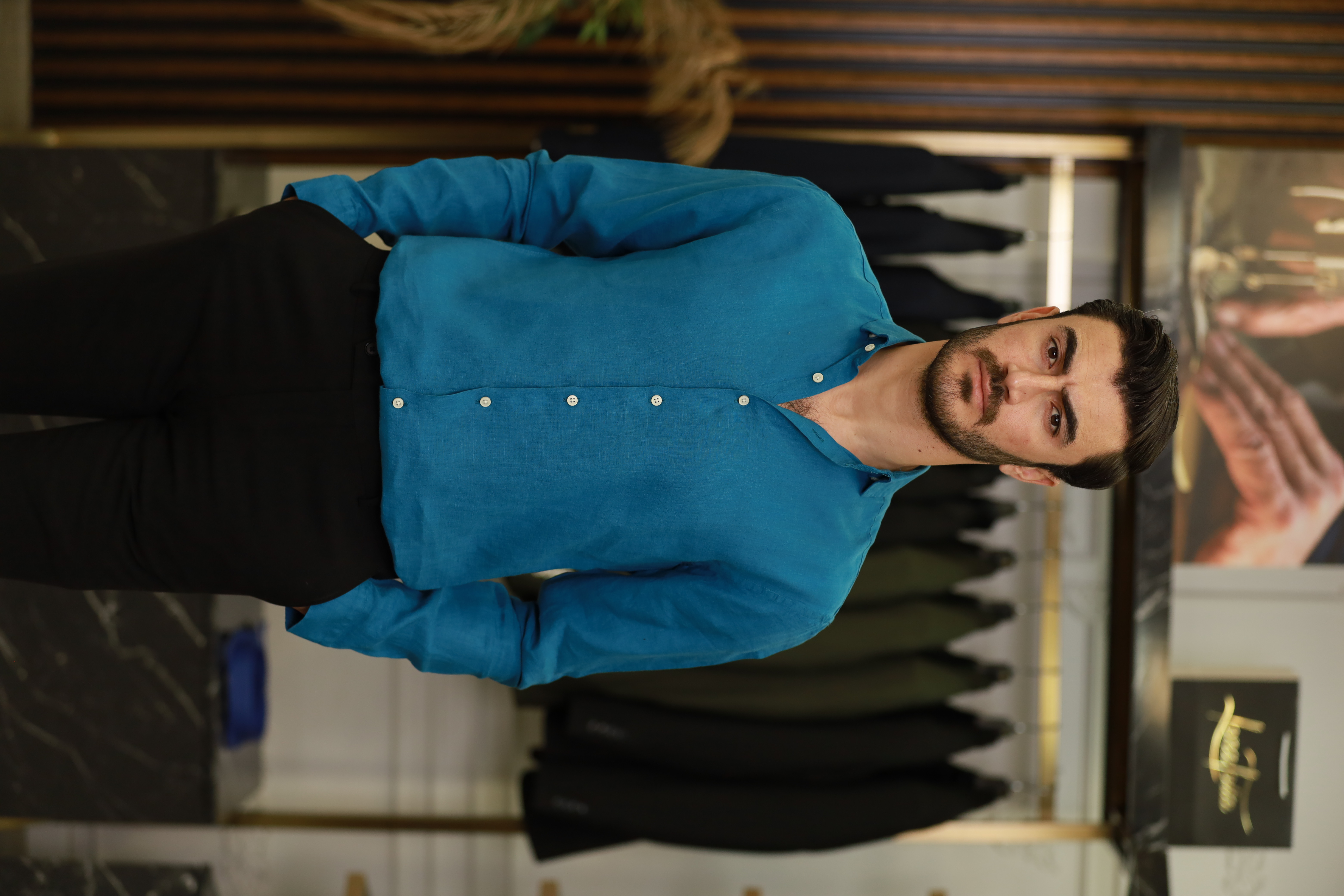 Erkek Regular Fit İtalyan Yaka Mevsimlik Keten Gömlek-Mavi